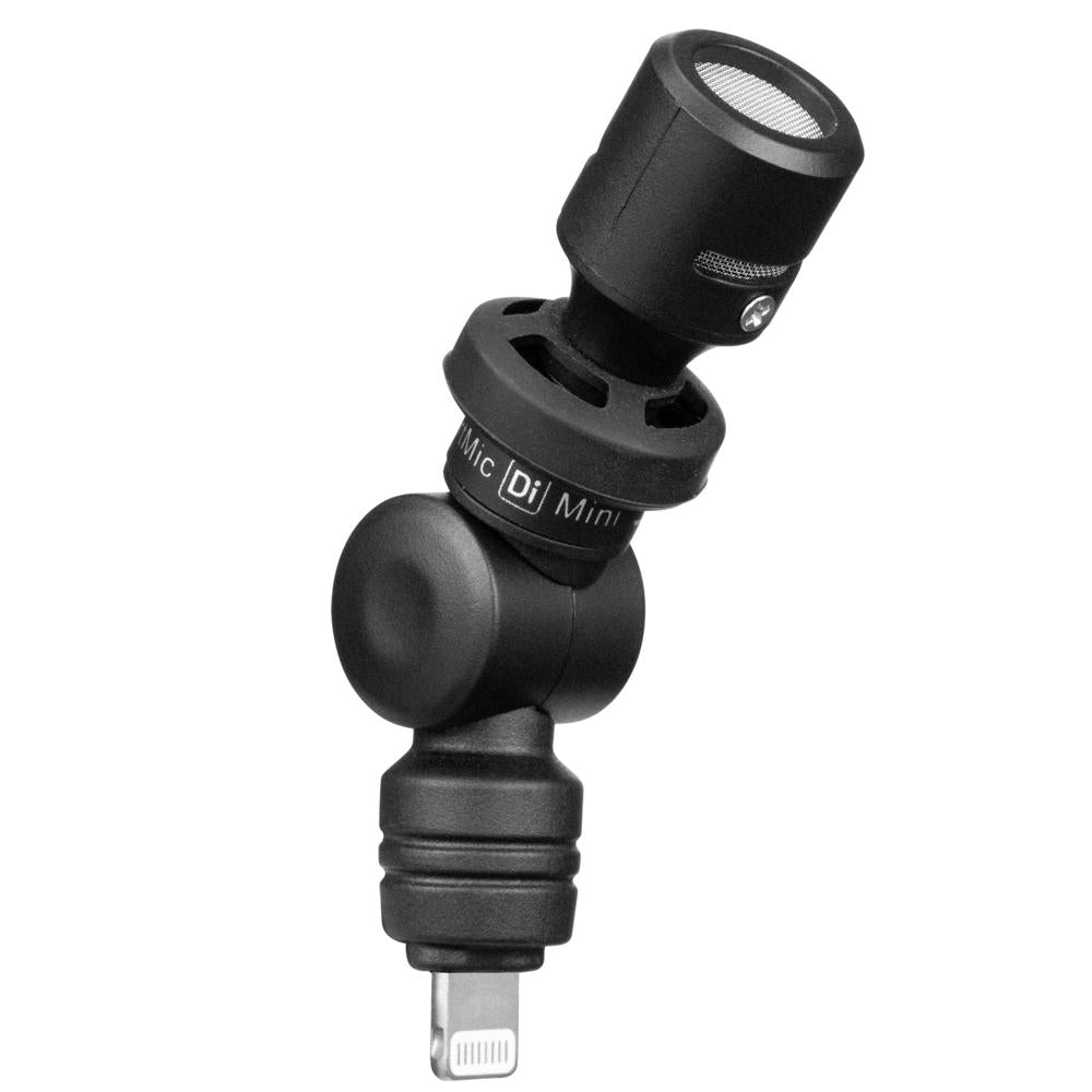 Un micrófono mini negro con conector Lightning y junta ajustable.