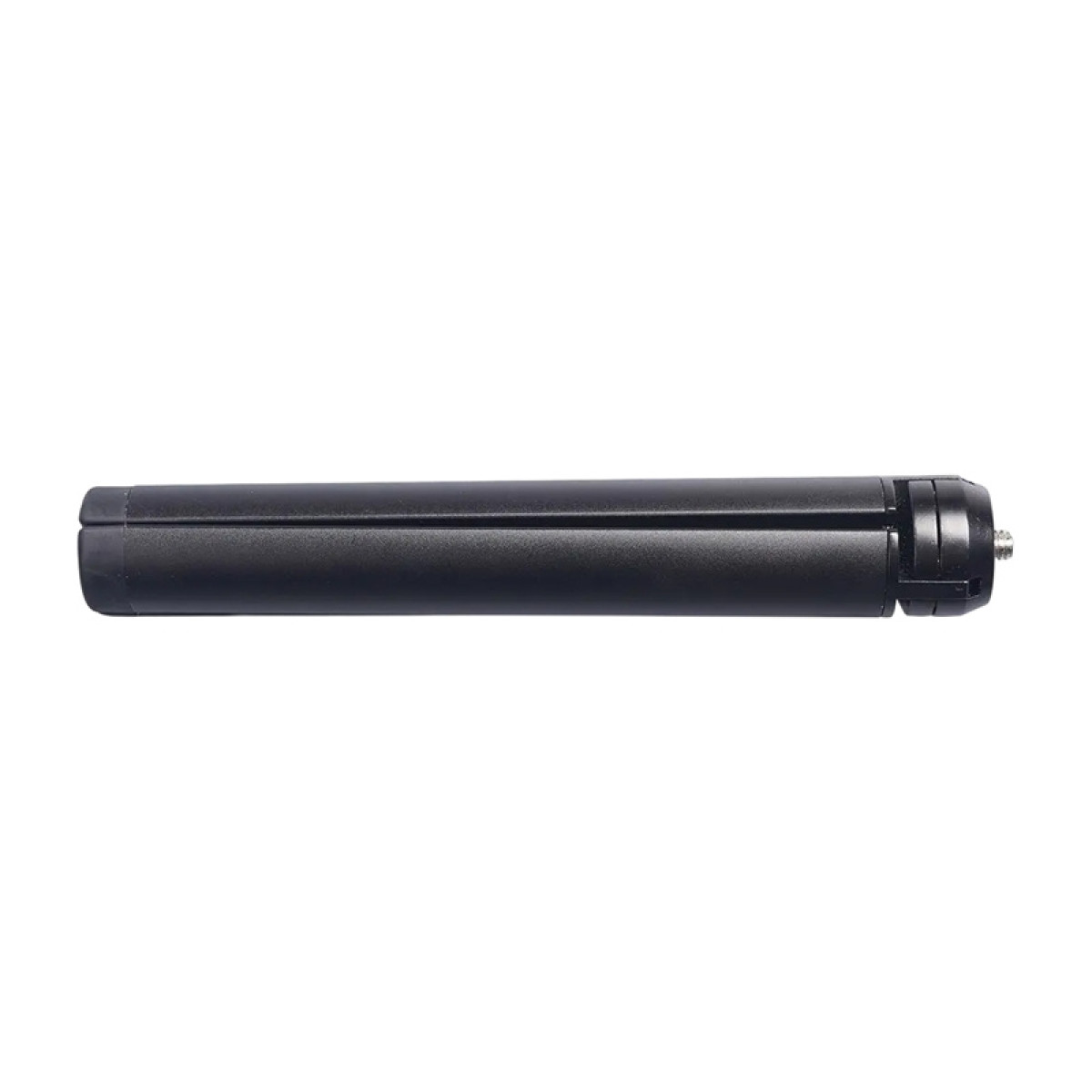 Un brazo de mini trípode negro y plegado con un soporte de tornillo roscado.