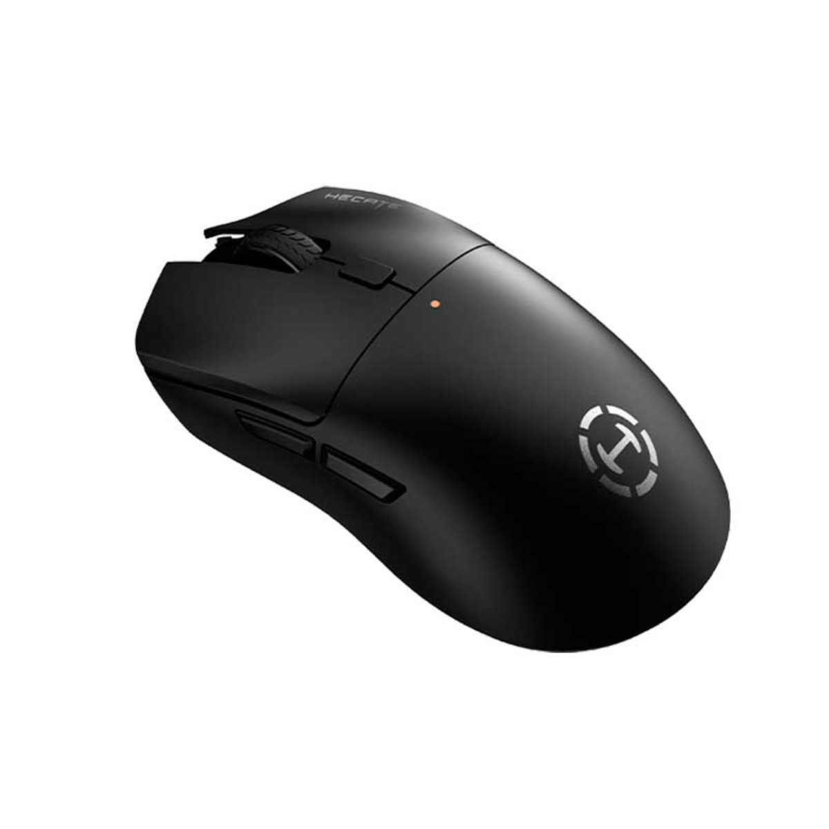 Ratón gaming negro con rueda de scroll, botones laterales y logo.