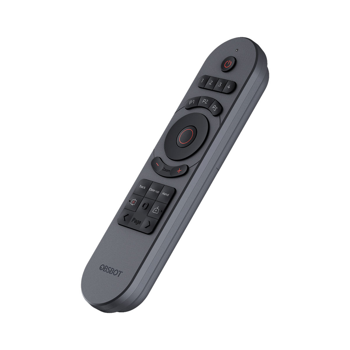 Control remoto gris con botones para zoom, seguimiento y mano.