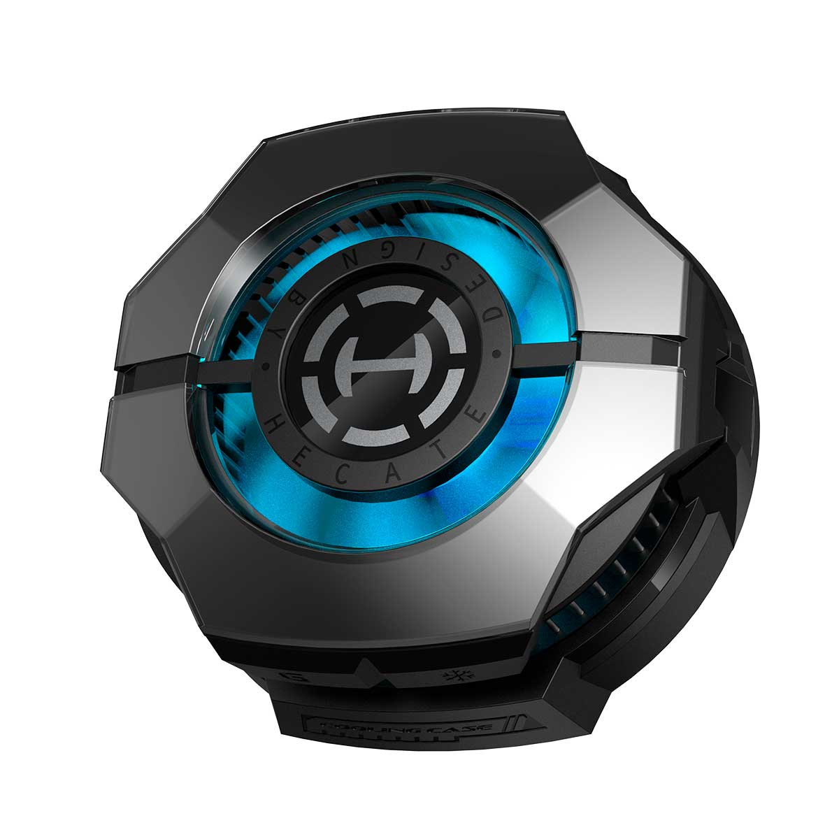 Ventilador negro con luces azules y detalles plateados.