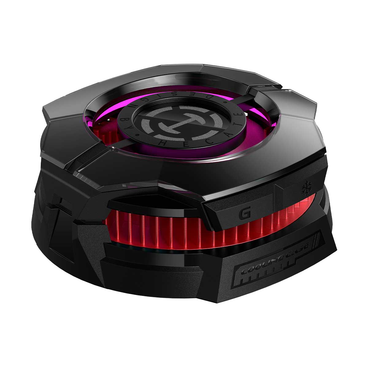 Ventilador negro con aletas rojas e iluminación púrpura.