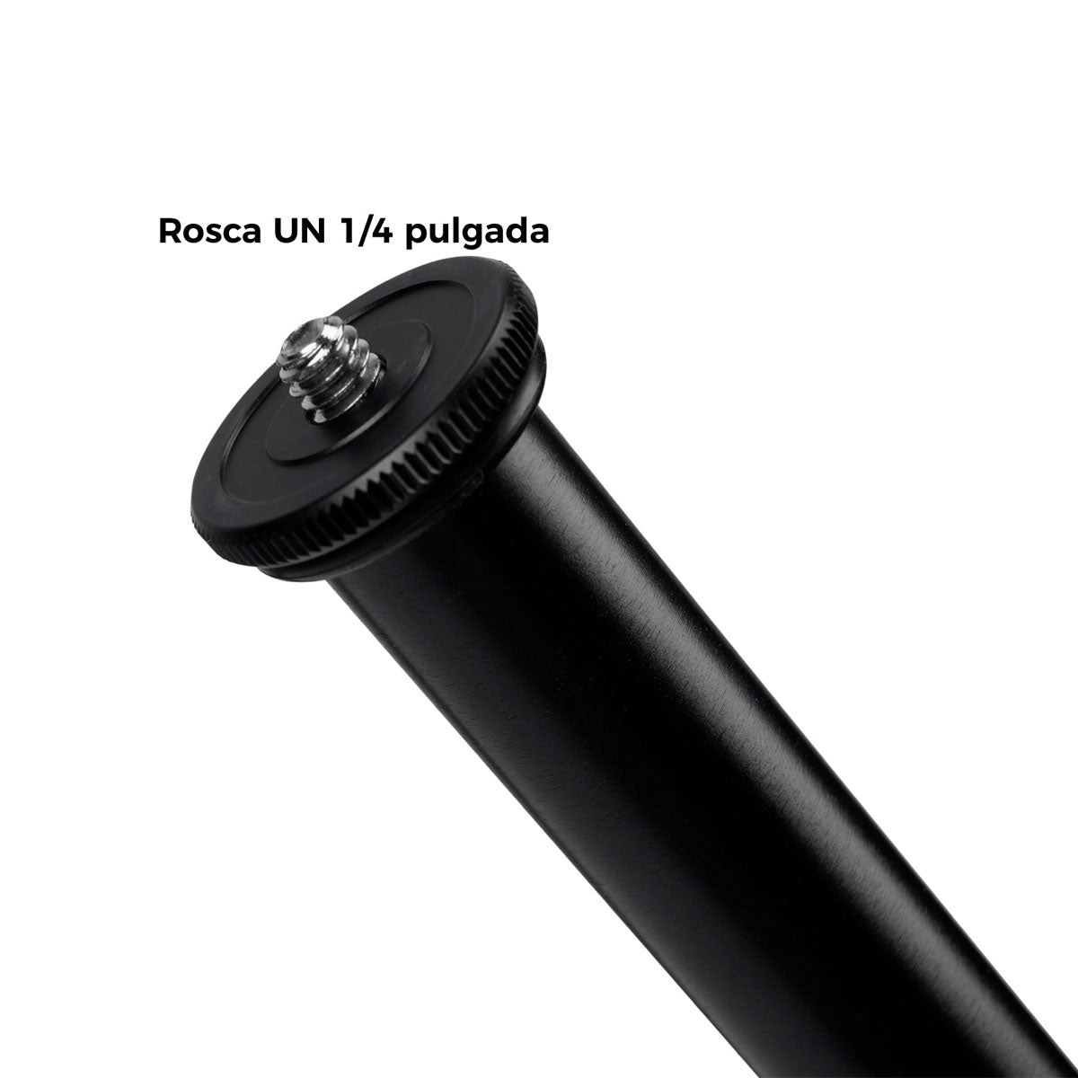 Primer plano de un adaptador de trípode negro con rosca de 1/4 de pulgada.