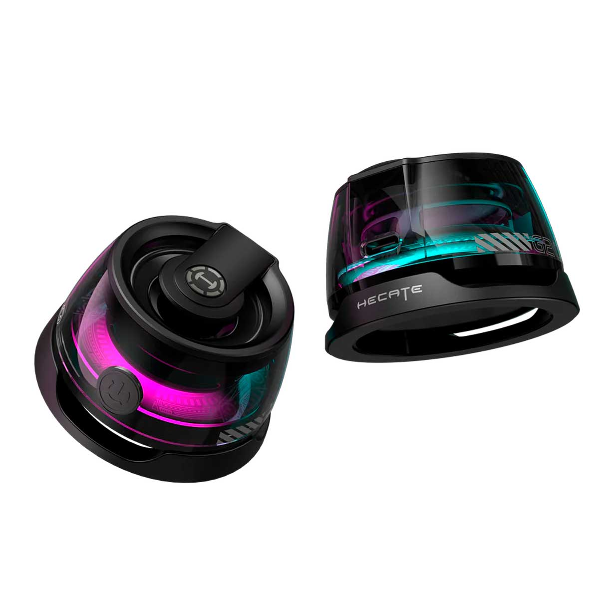 Dos altavoces negros con luces rosas y azules.
