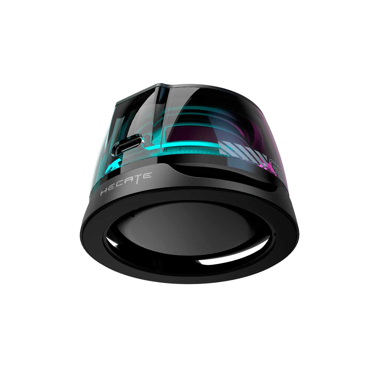 Altavoz negro con patrón azul-morado y logo "HECATE".