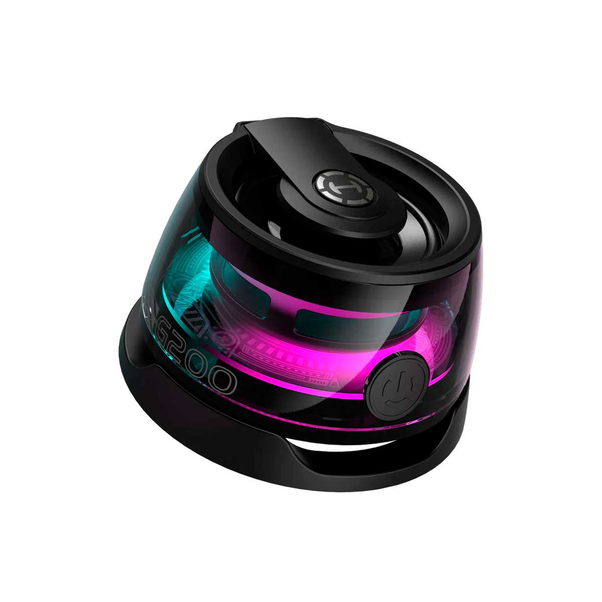 Altavoz negro con carcasa transparente, iluminado en rosa y azul.