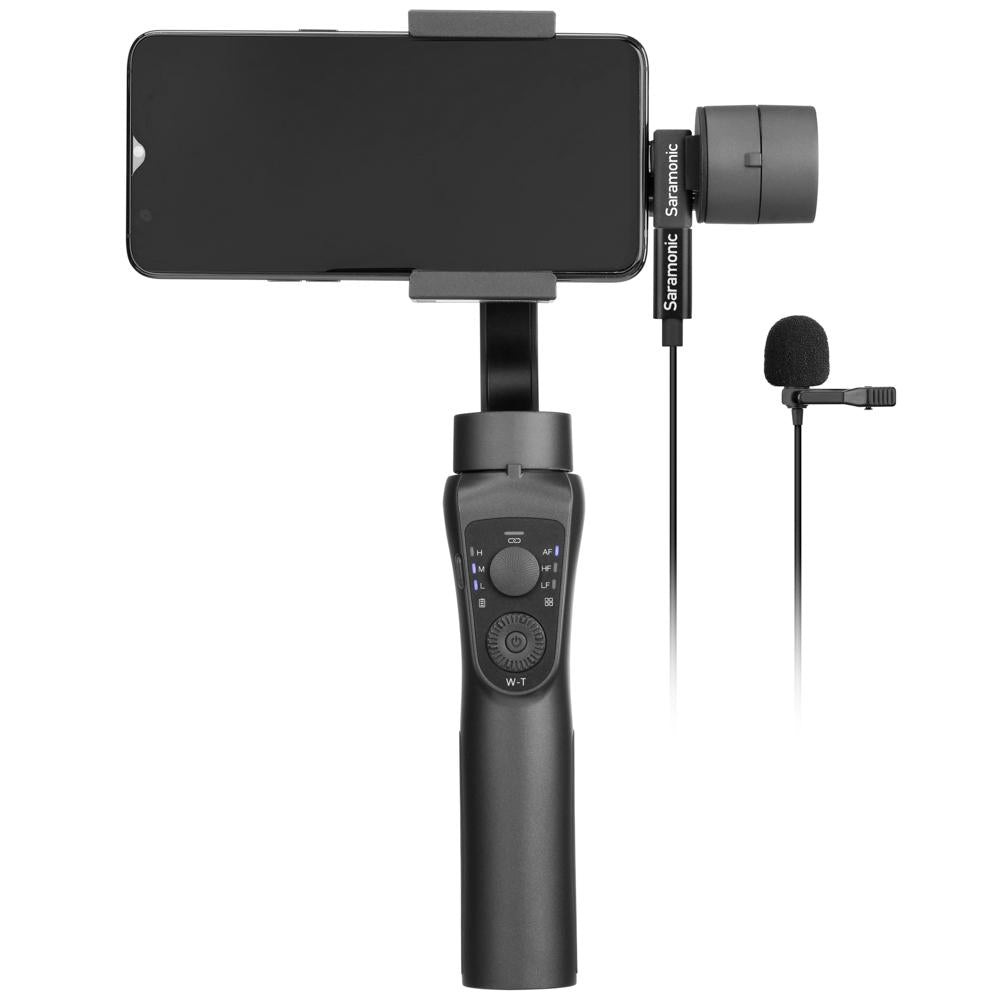 Gimbal negro para smartphone con micrófono y cables.