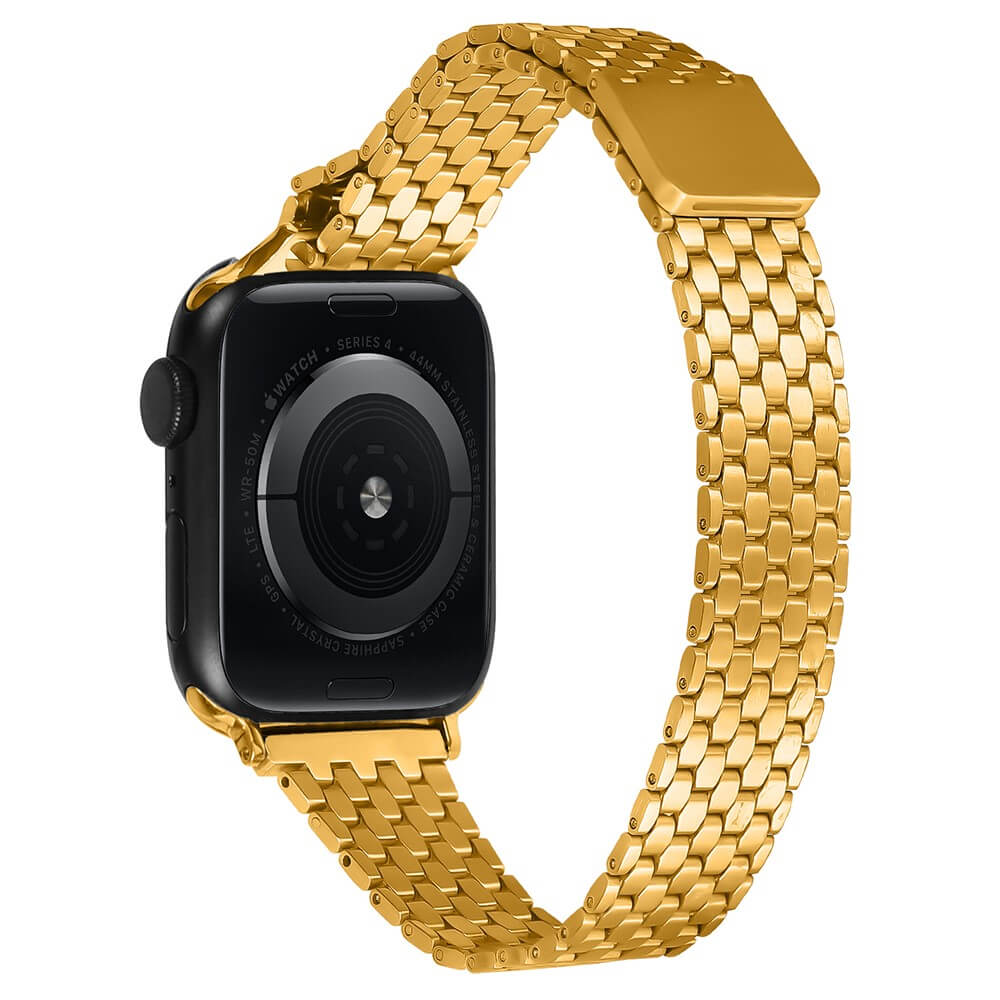 Une montre connectée noire avec un bracelet en métal doré, vue de dos.