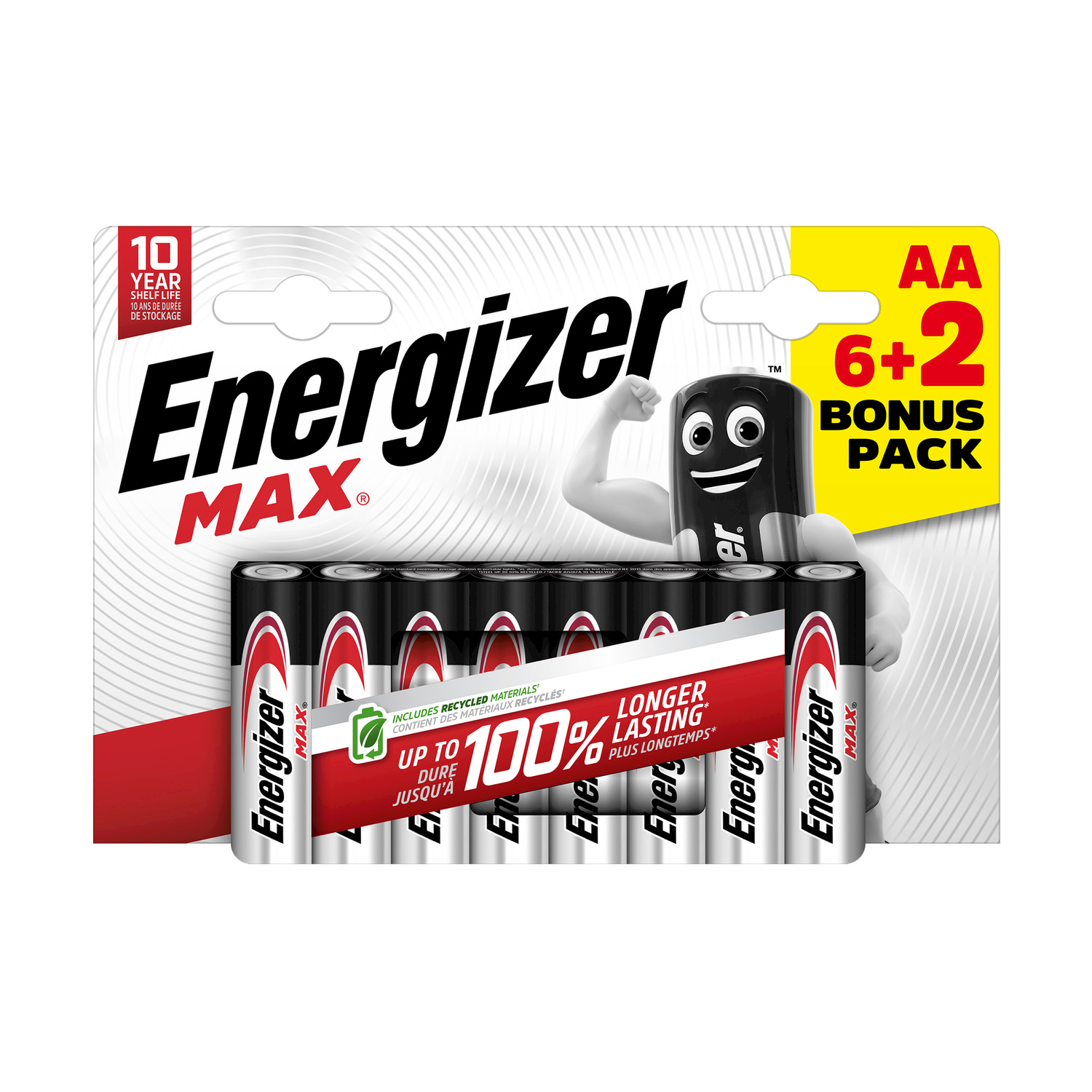 Energizer MAX AA batteries, 6+2 bonus pack, with 10 year shelf life.
