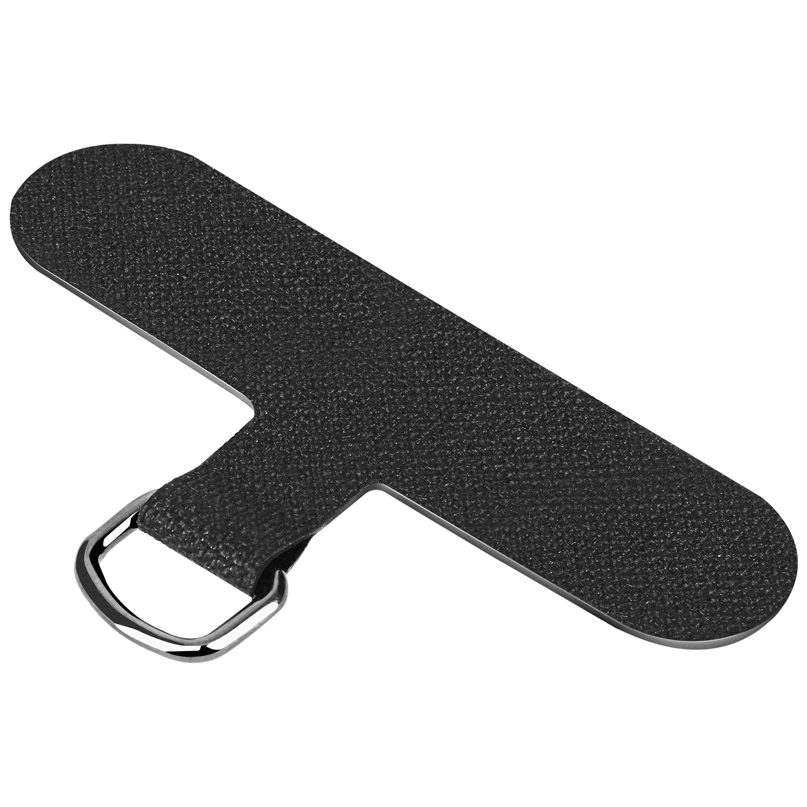 Oggetto nero e allungato con passante e anello metallico.