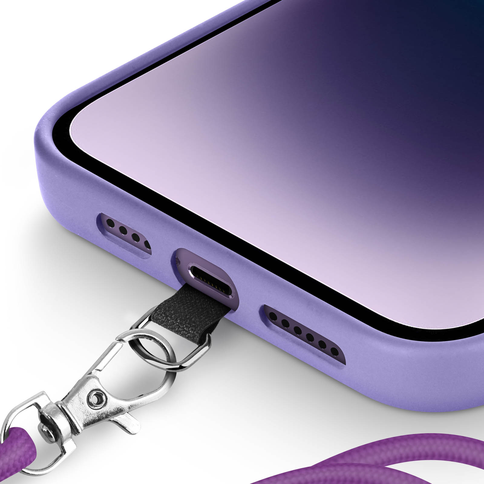 Custodia viola per telefono con cinturino nero e moschettone argentato.