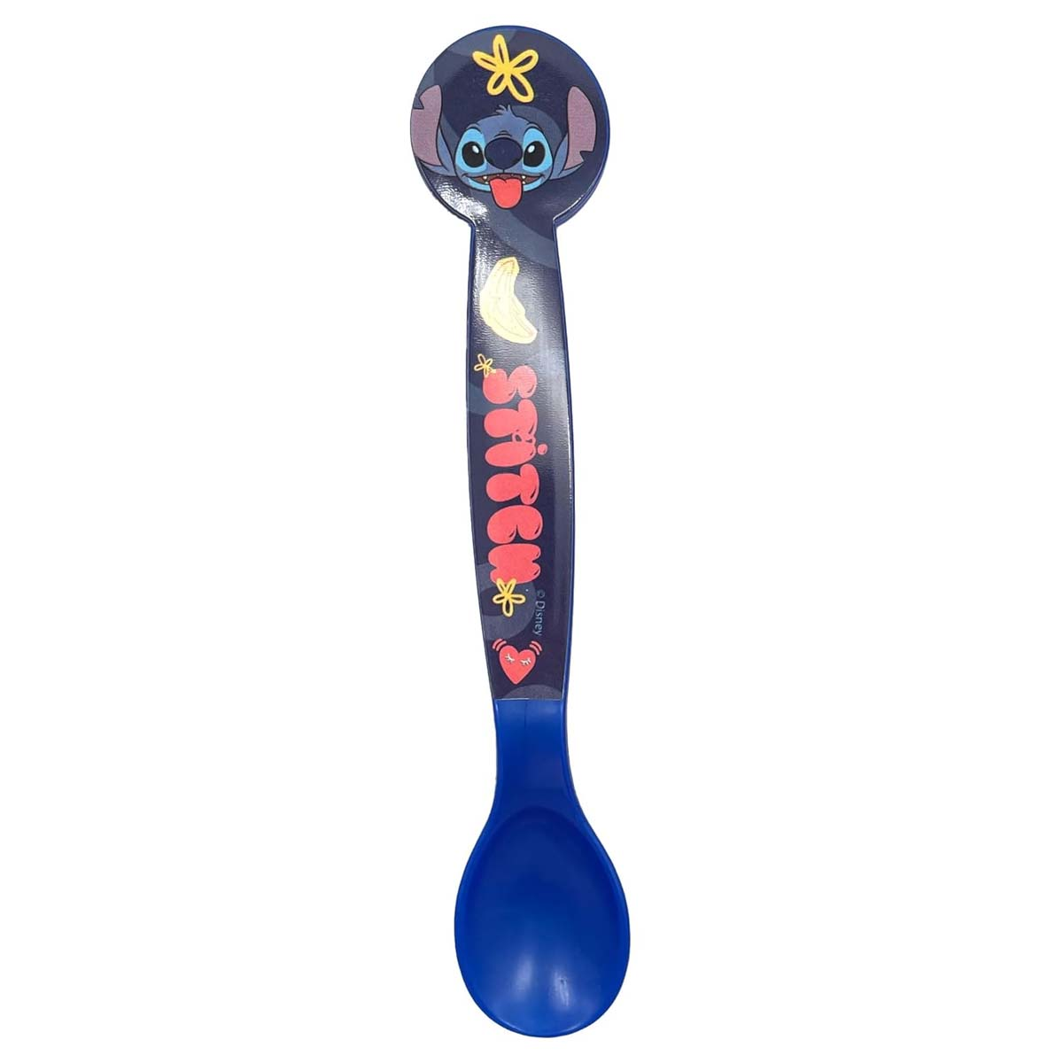 Un cucchiaio blu con design Stitch e logo Disney.