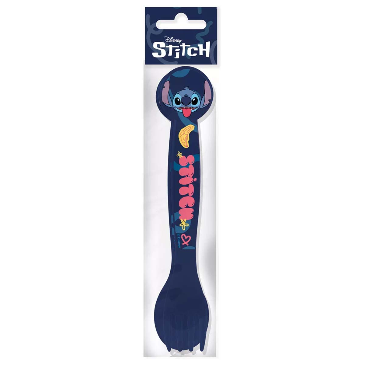 Forchetta blu scuro Lilo & Stitch con grafica e testo di Stitch.