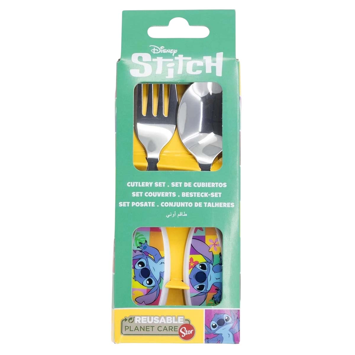Un set di posate Disney Stitch con cucchiaio e forchetta su confezione verde.