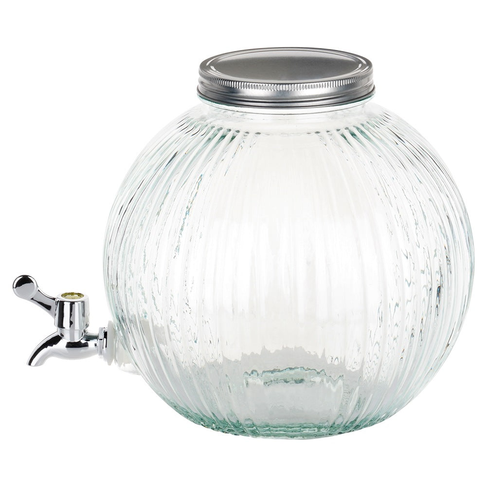 Dispensador de vidrio transparente con textura acanalada y grifo plateado.