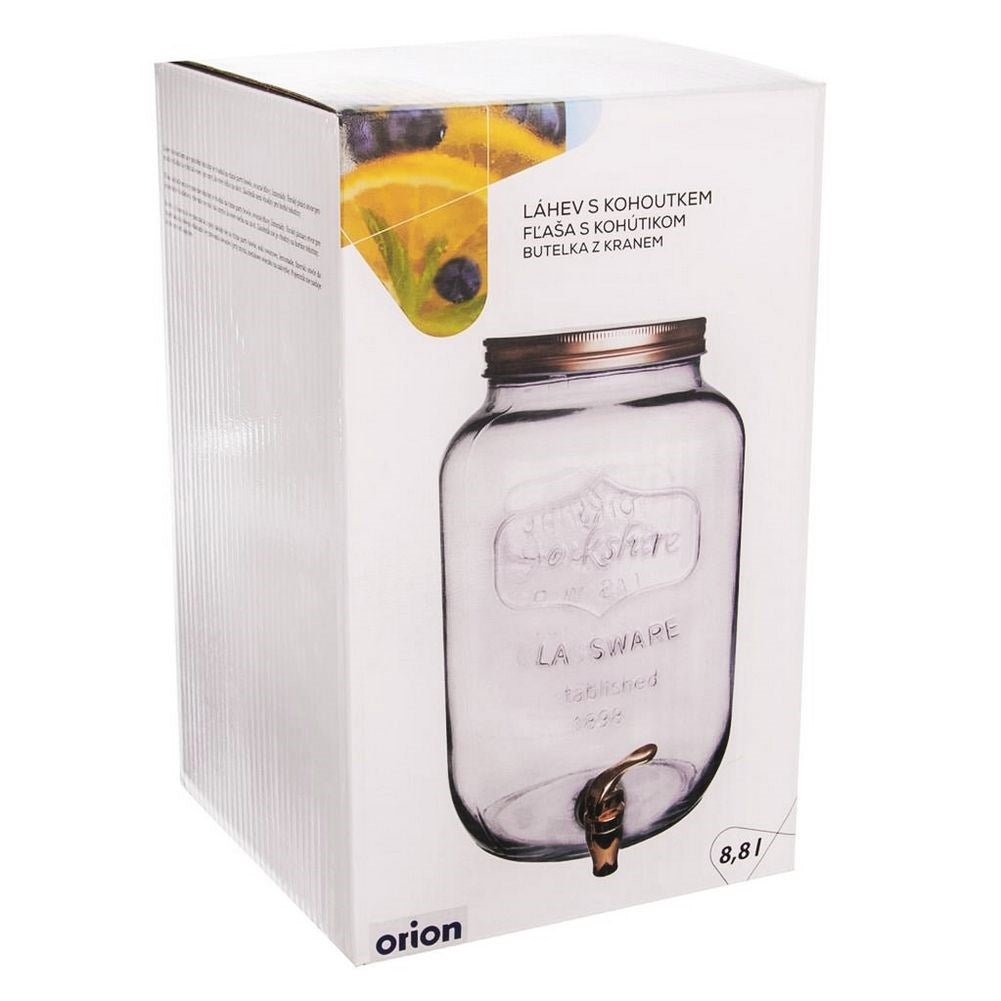 Embalaje de dispensador de bebidas de vidrio con grifo, con fruta y texto.