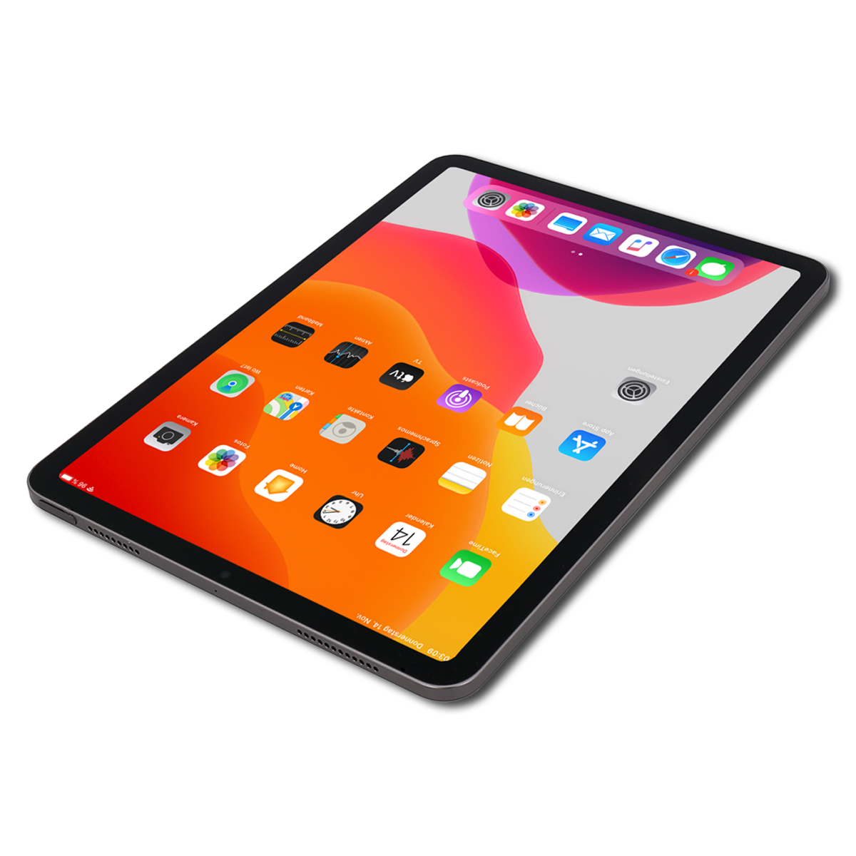 Ein Tablet mit einem bunten Hintergrund und App-Symbolen. Es zeigt die Uhrzeit und das Datum.