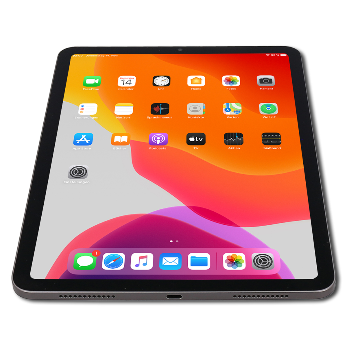 Ein graues Tablet mit einem Homescreen voller App-Icons und einem bunten Hintergrund.