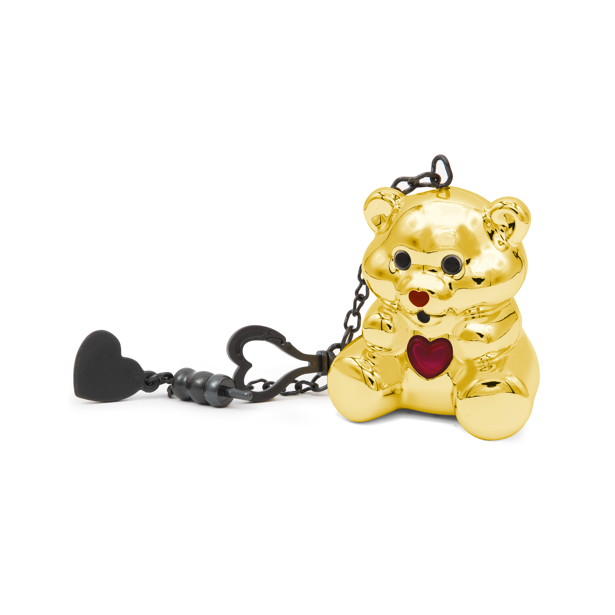 Llavero dorado de osito de peluche con corazón rojo y dije de corazón negro.