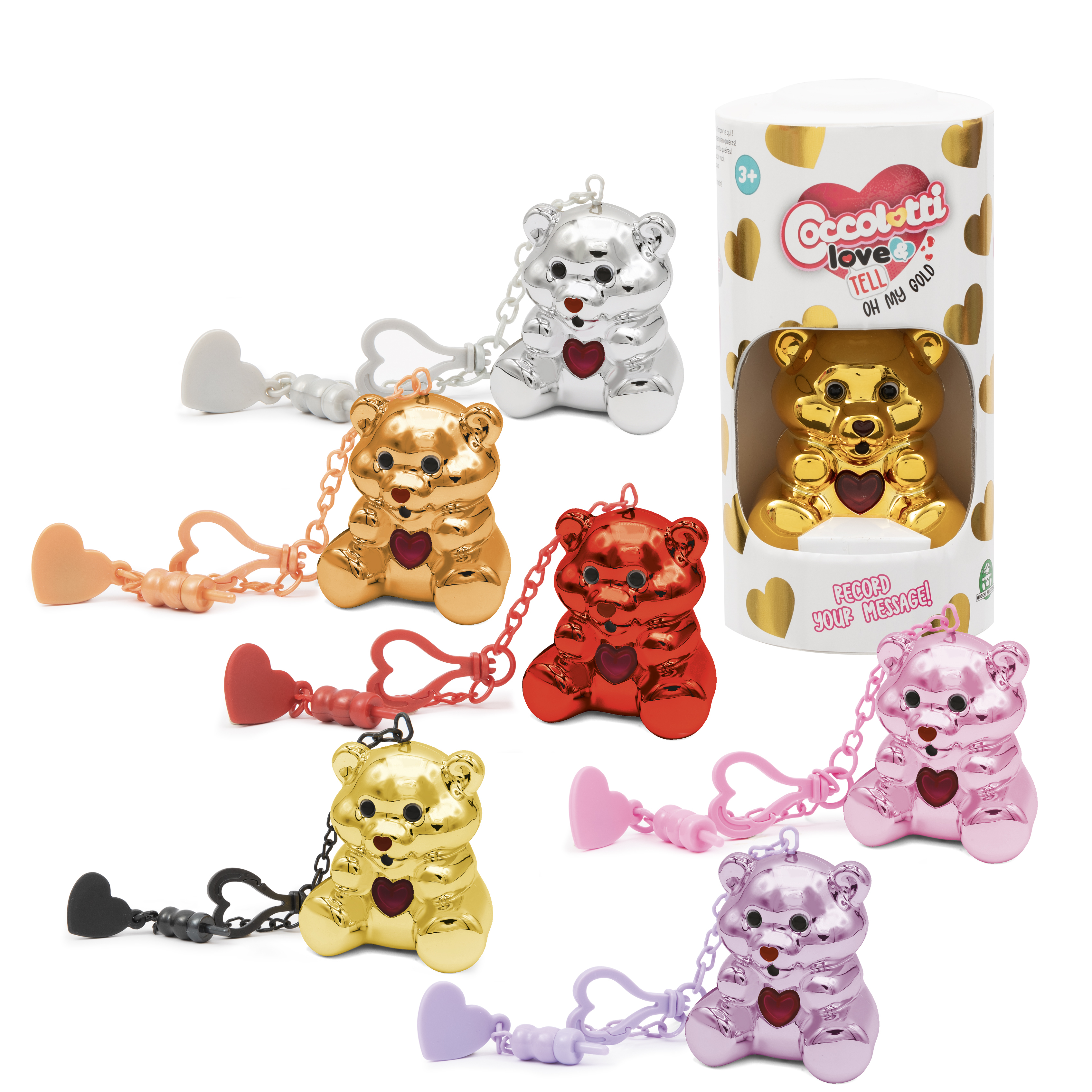 Llaveros de osito brillantes en varios colores con detalles de corazón.
