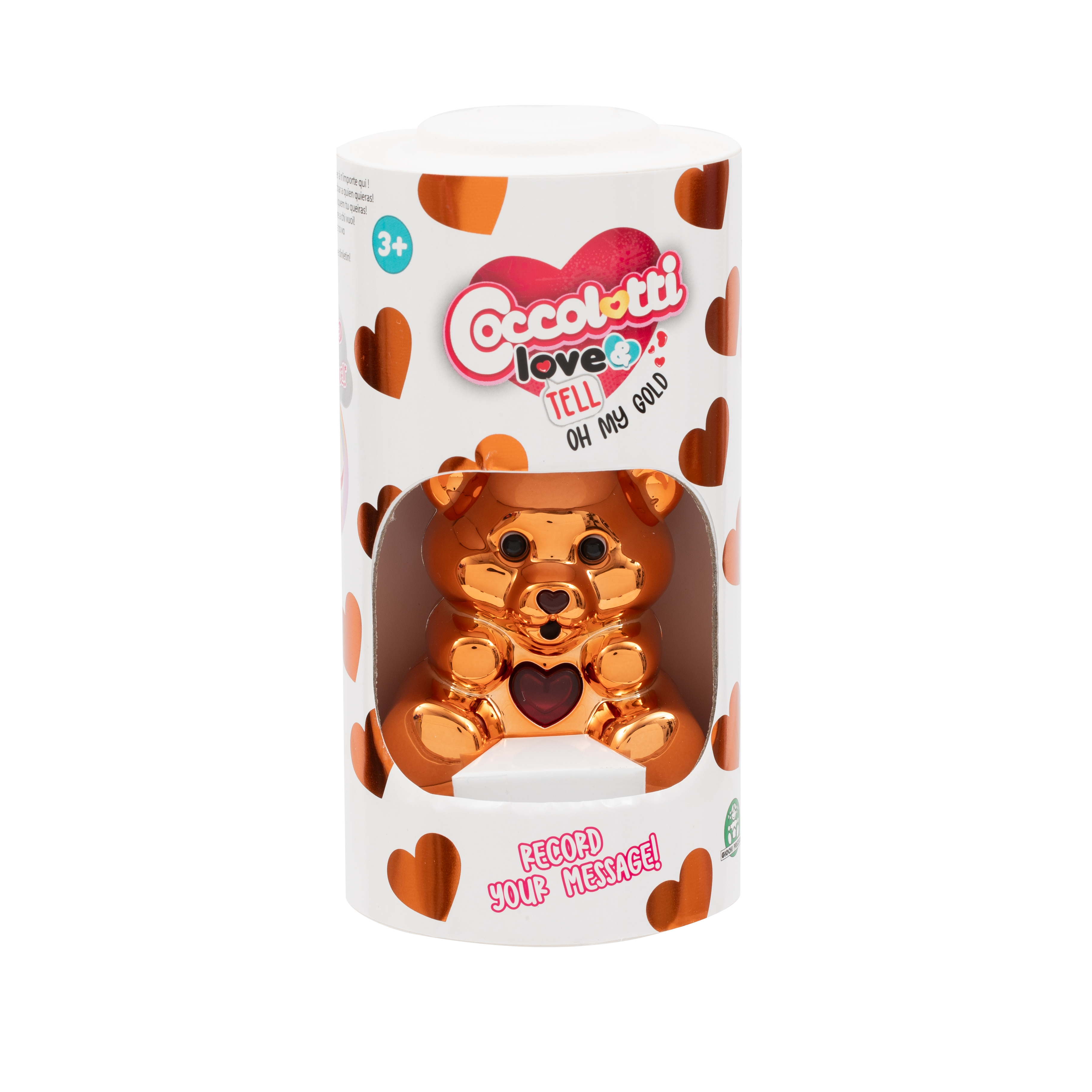 Un oso de peluche dorado brillante en un tubo de cartón con corazones.