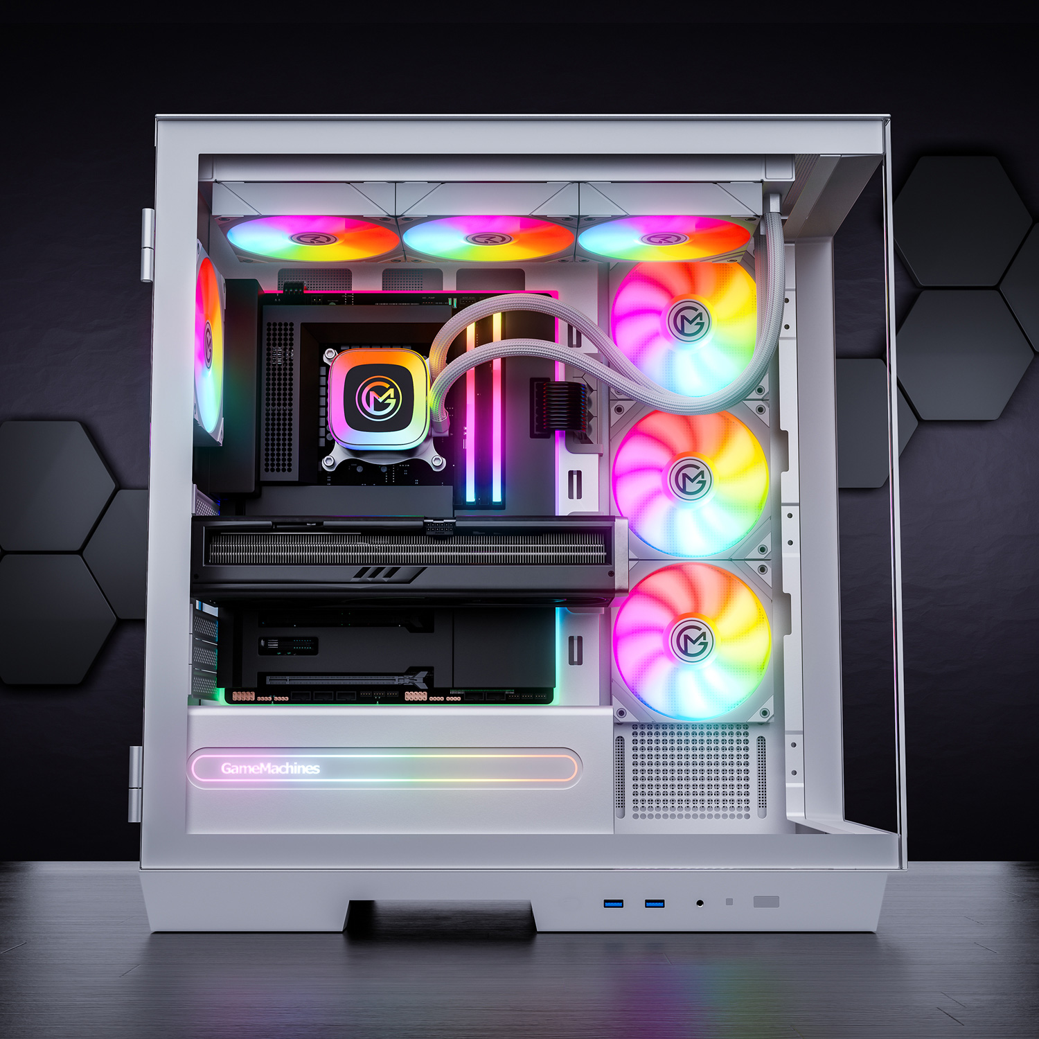 Ein weißes PC-Gehäuse mit RGB-Lüftern und Wasserkühlung.