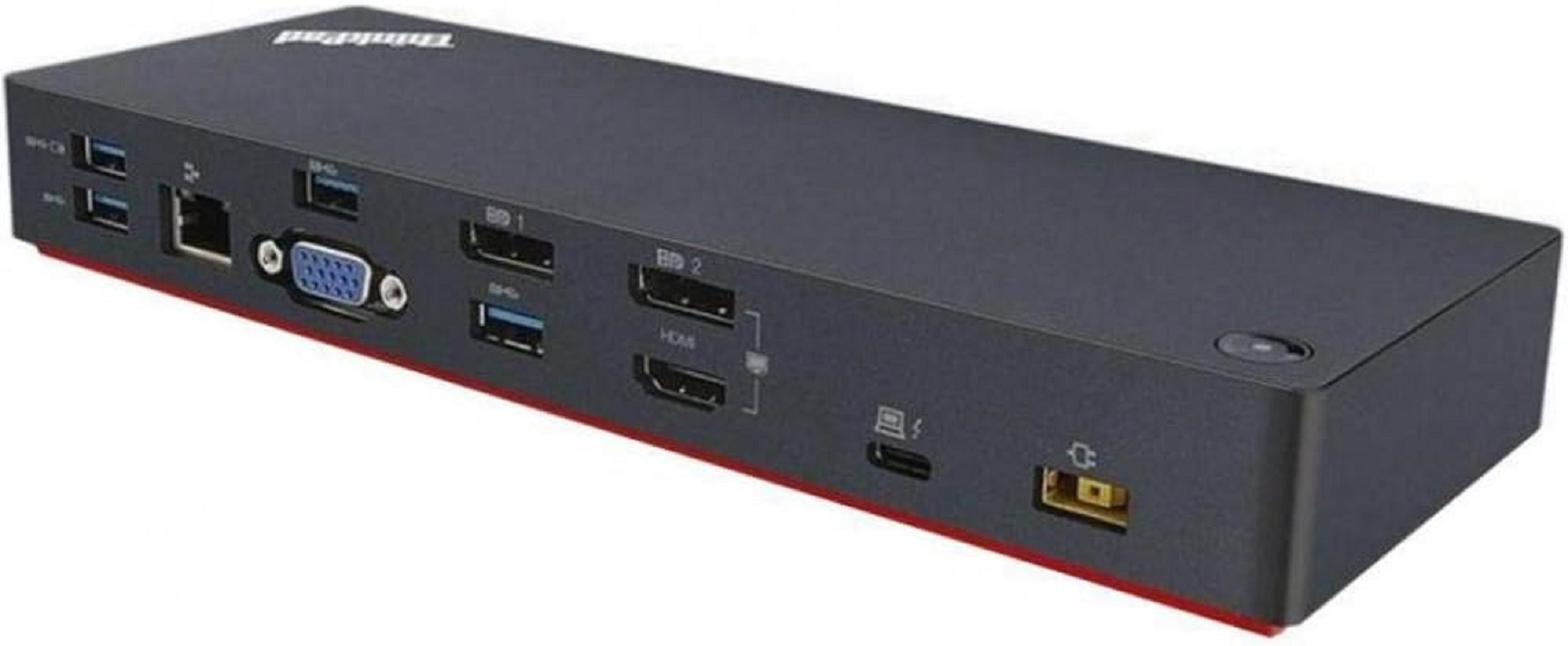 Czarna stacja dokująca do laptopa z wieloma portami, czerwona podstawa.