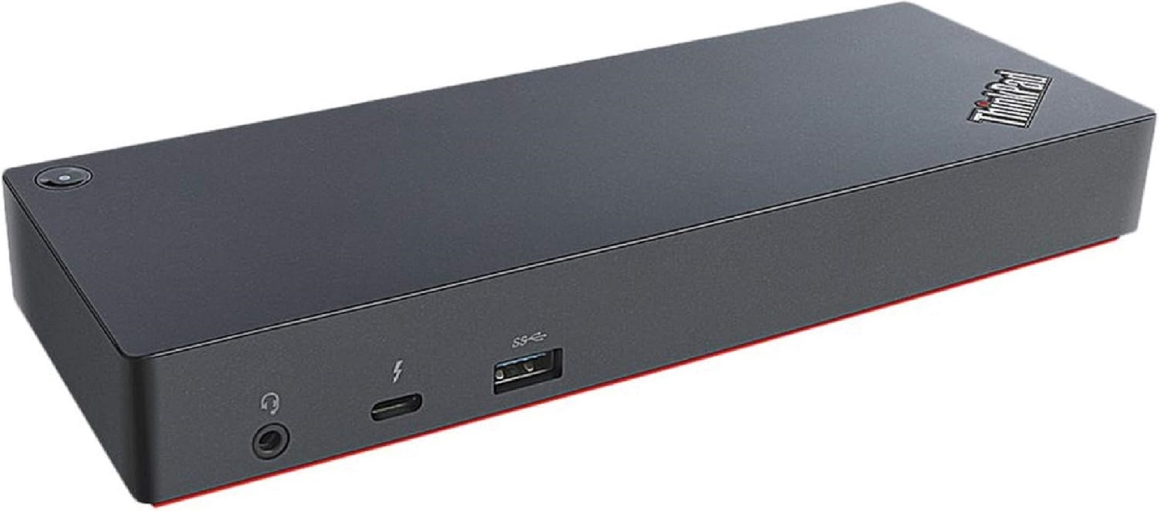 Czarna stacja dokująca ThinkPad z portami USB-C, USB-A i gniazdem słuchawkowym.
