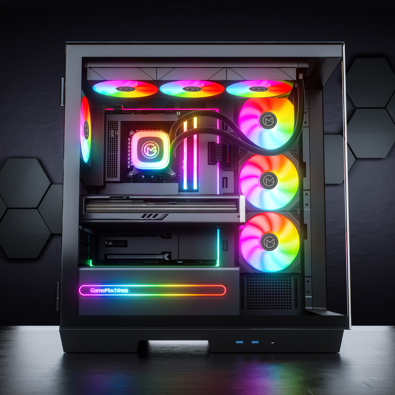 Ein PC-Gehäuse mit RGB-Lüftern und Beleuchtung.