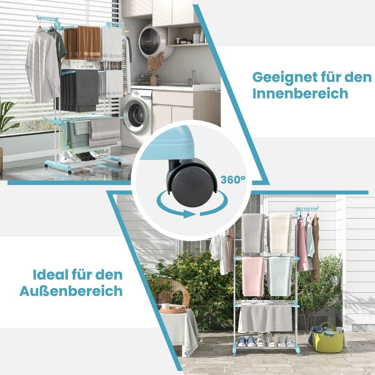 Estante versátil para ropa interior/exterior, con ruedas 360°.