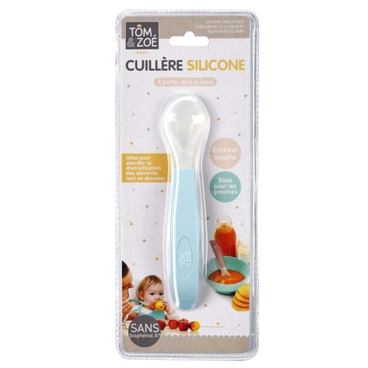 Una confezione di cucchiaio in silicone azzurro con un bambino e immagini di cibo.