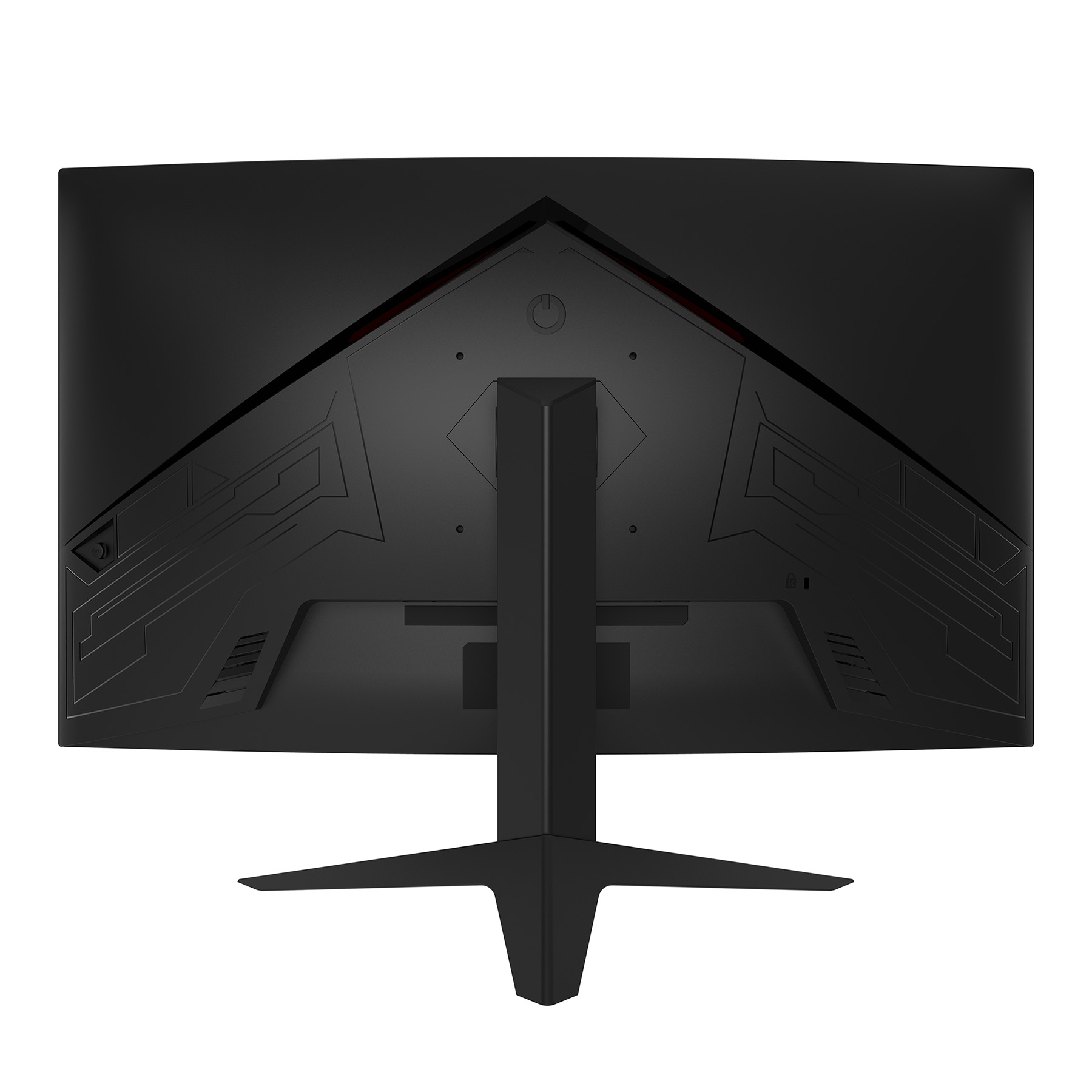 Rückseite eines schwarzen Monitors mit Ständer und stilisierten Linien.