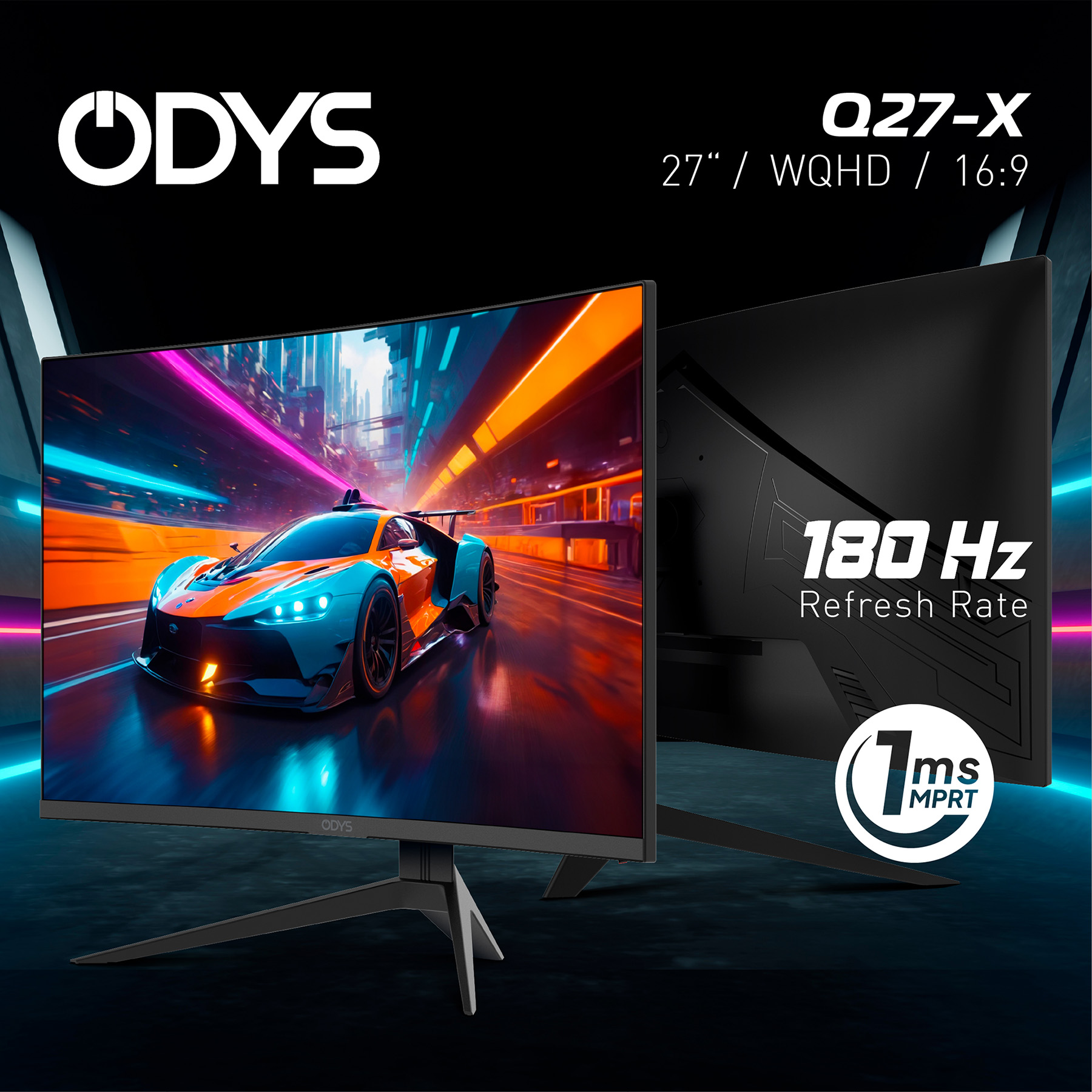 Odys Q27-X Monitor zeigt ein Rennauto, 180 Hz, 1 ms MPRT.
