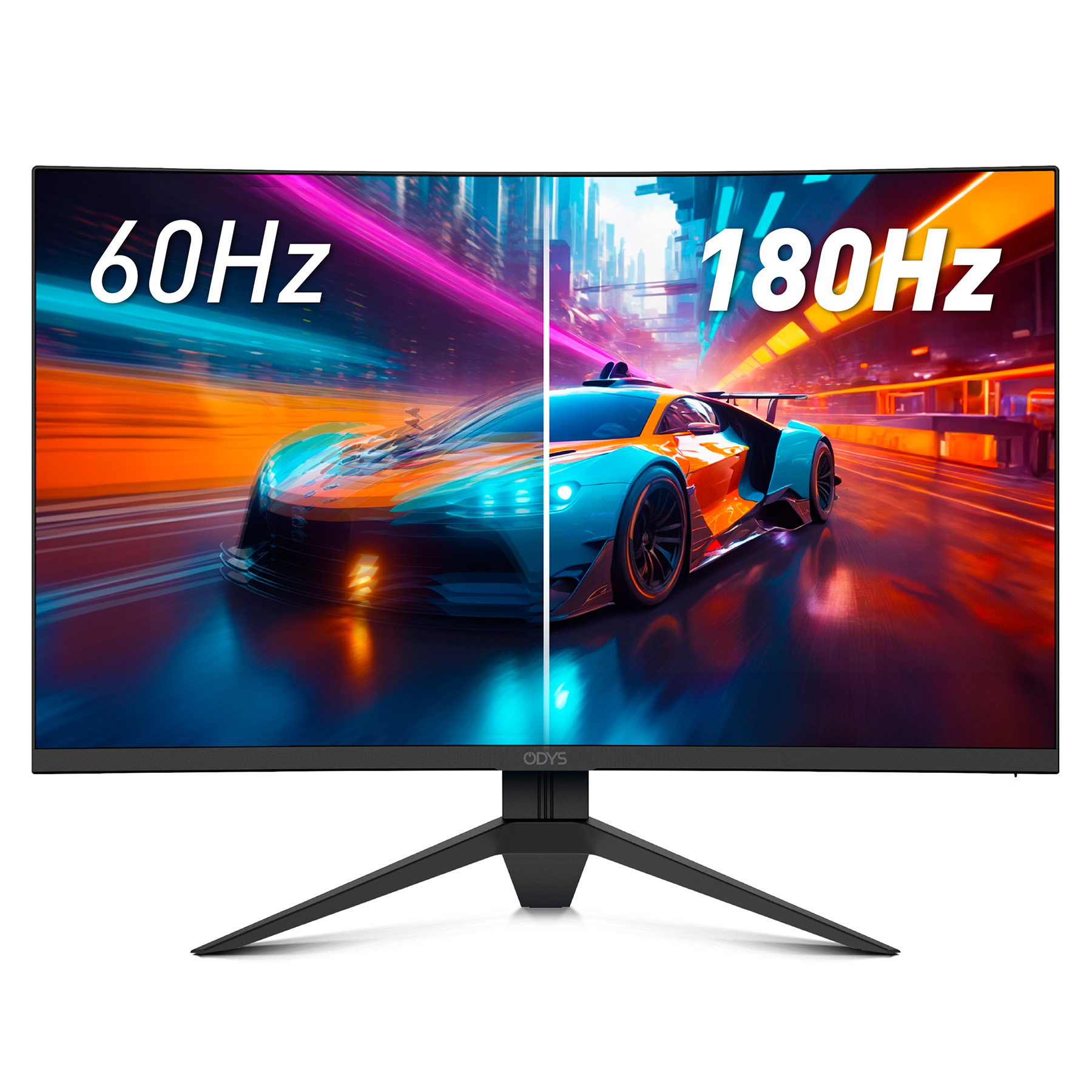 Ein Curved-Monitor zeigt zwei Rennwagen-Szenen mit "60Hz" und "180Hz".