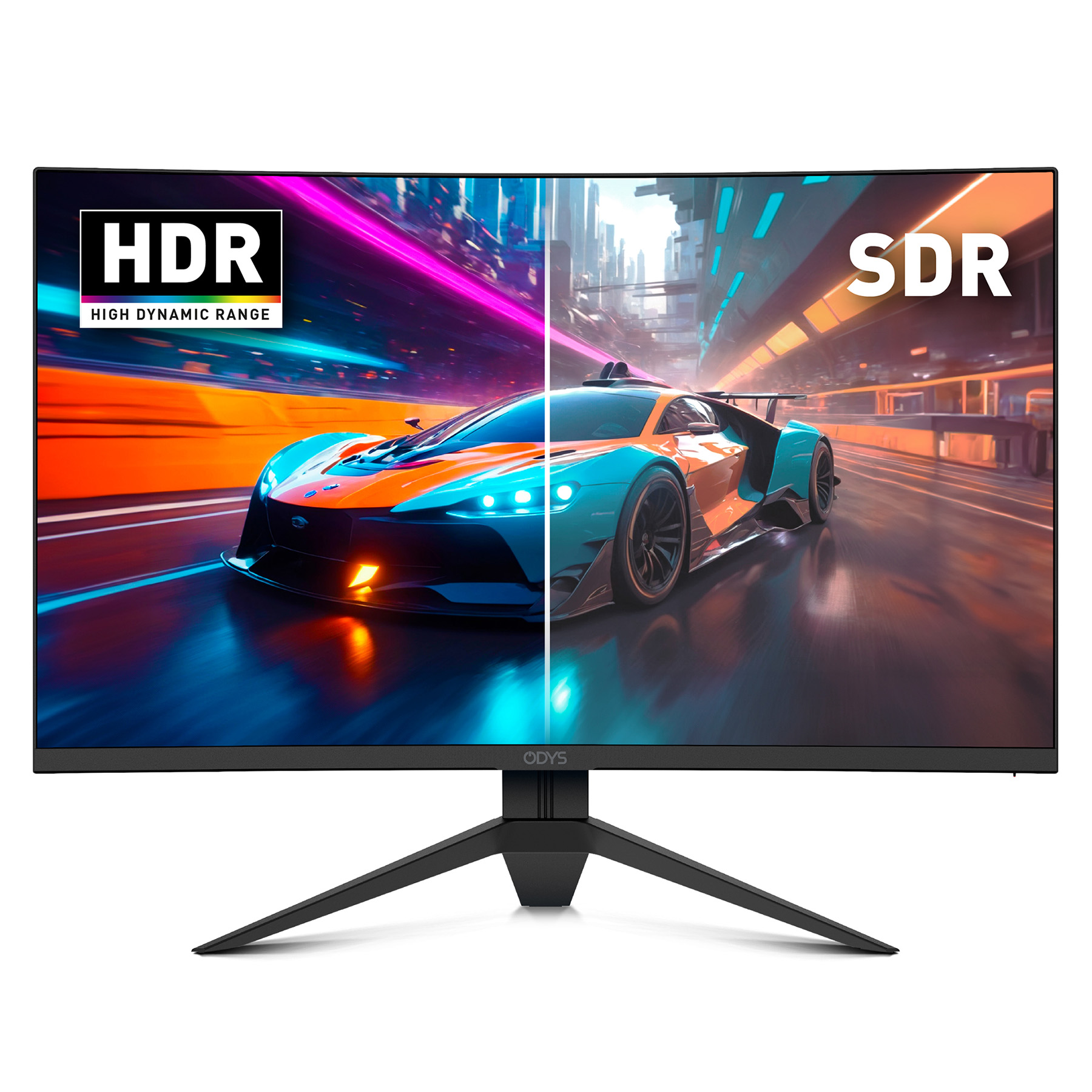 Ein Monitor zeigt ein Rennauto, links HDR, rechts SDR. Leuchtende Farben, städtische Kulisse.