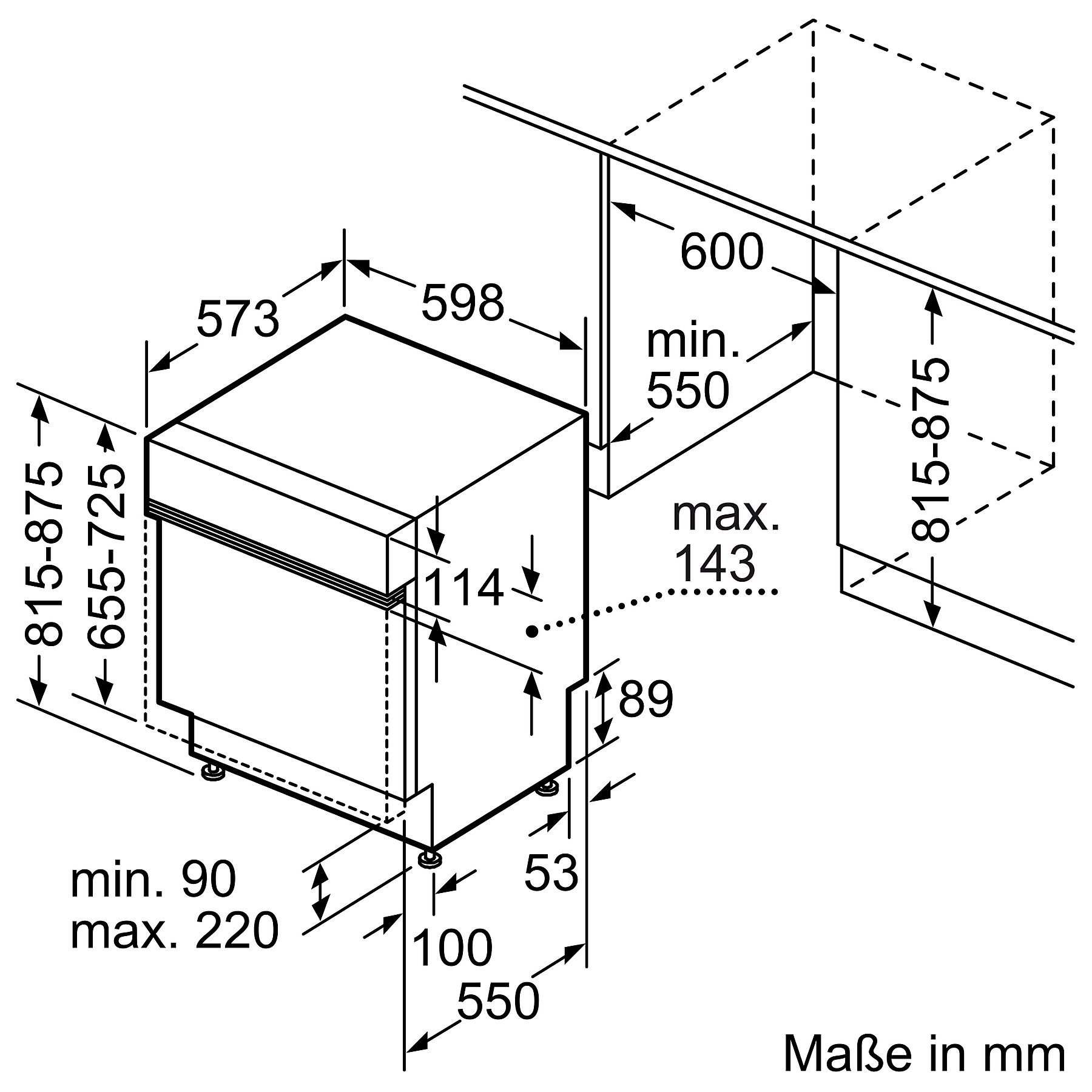 Dibujo técnico de un lavavajillas con dimensiones en mm.