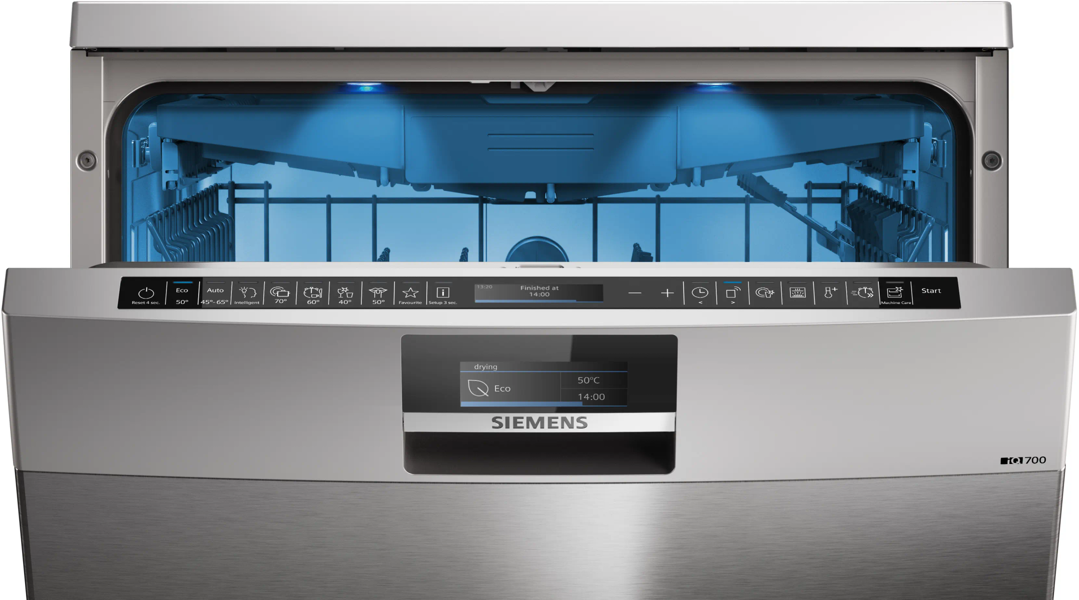 Lavavajillas Siemens con puerta abierta, interior iluminado en azul, panel de control con pantalla.