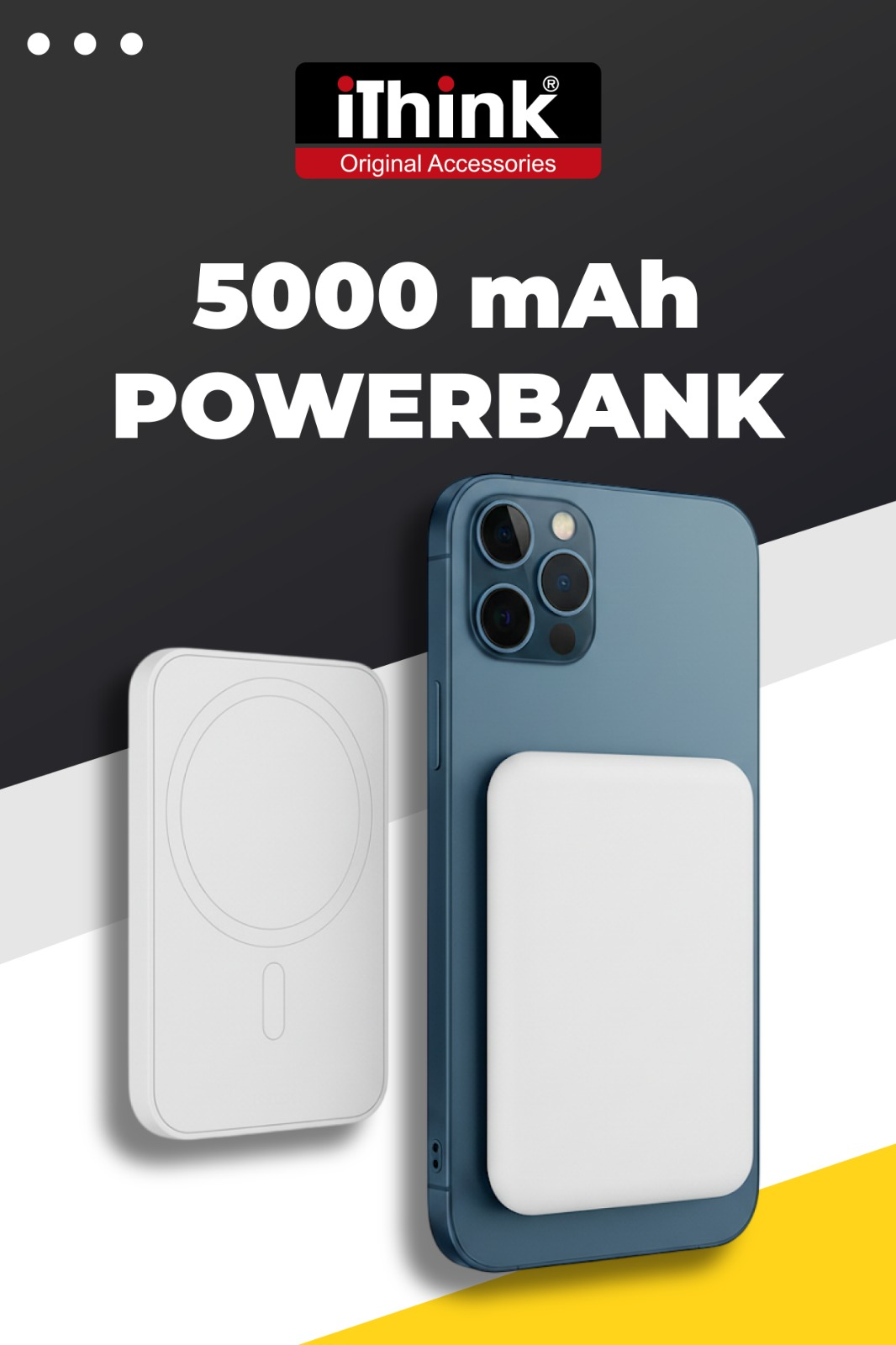 Beyaz MagSafe şarj cihazı ve beyaz powerbanklı mavi telefon. 5000 mAh.