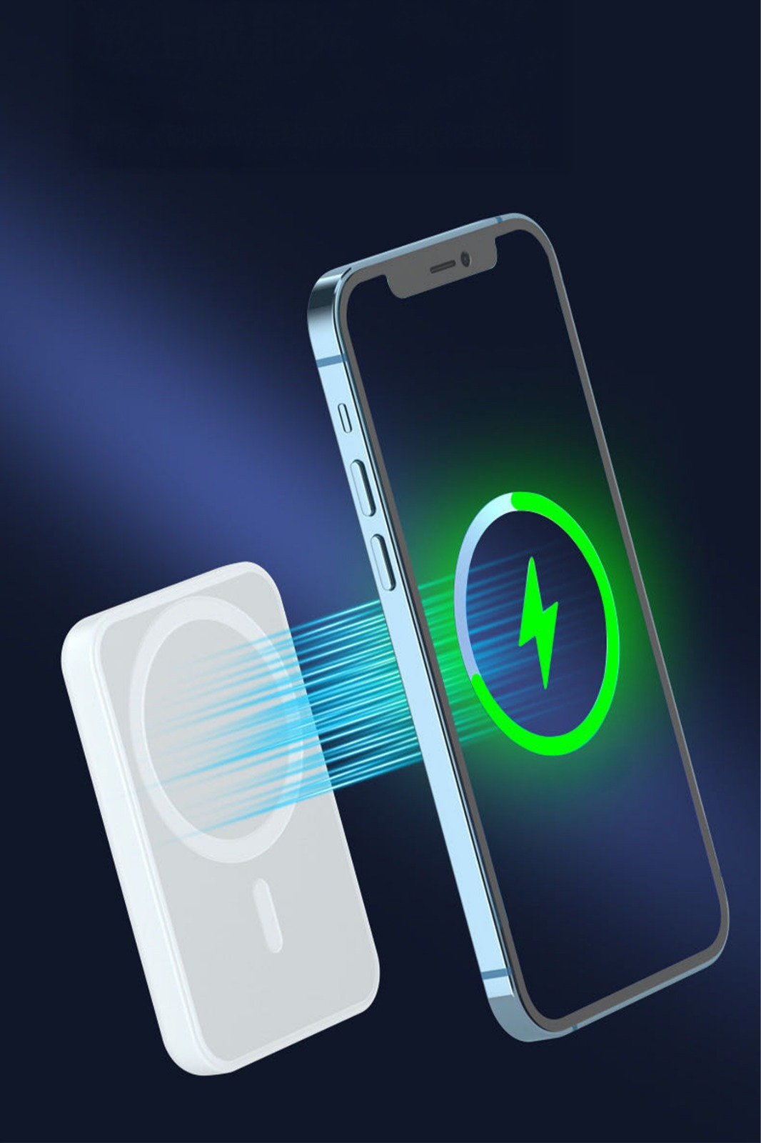 Beyaz şarj cihazı telefonu kablosuz şarj ediyor. Mavi ışınlar bağlıyor.