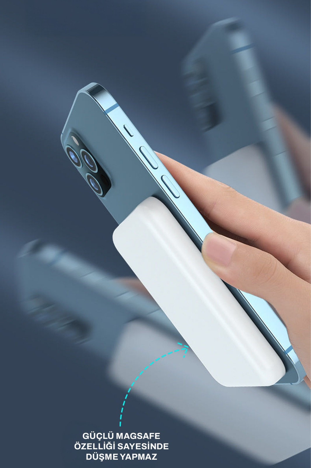 Bir el, beyaz MagSafe takılı mavi bir akıllı telefon tutuyor.