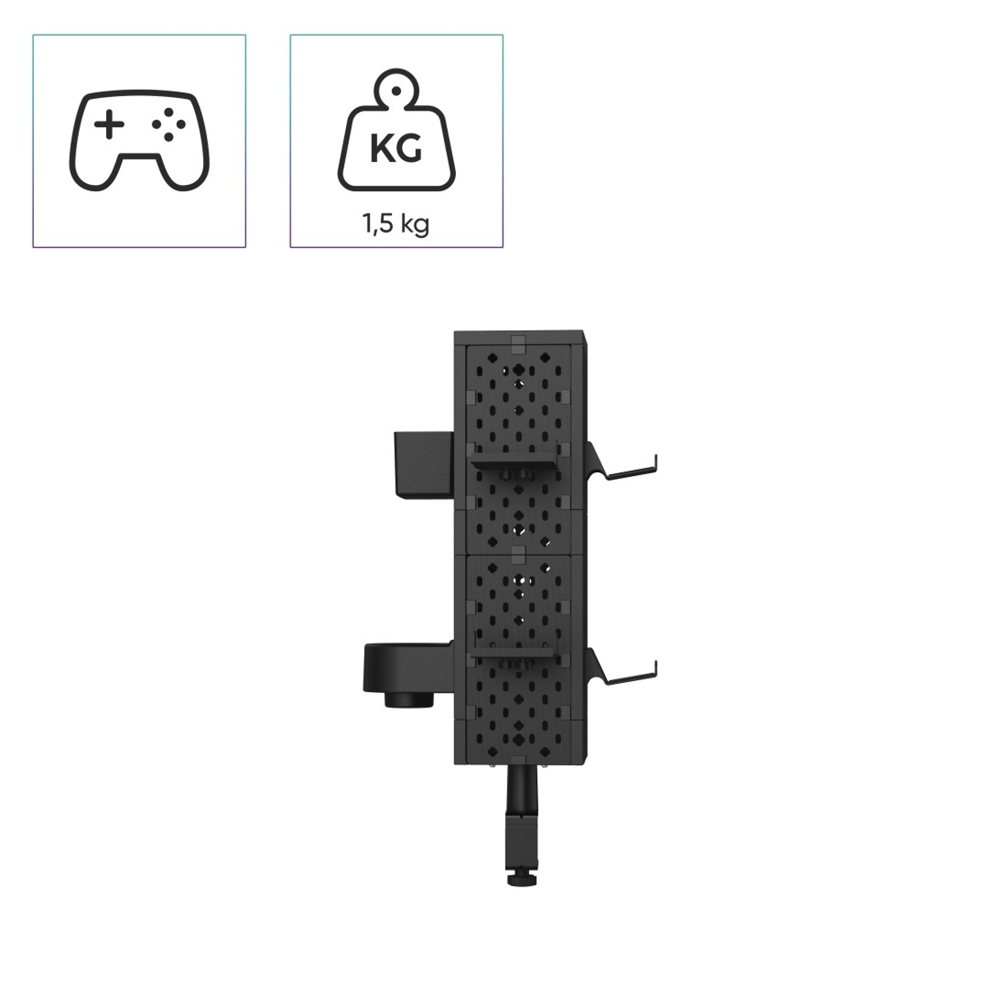 Schwarzer Controller-Halter mit Haken und Gewichtsanzeige, 1,5 kg.