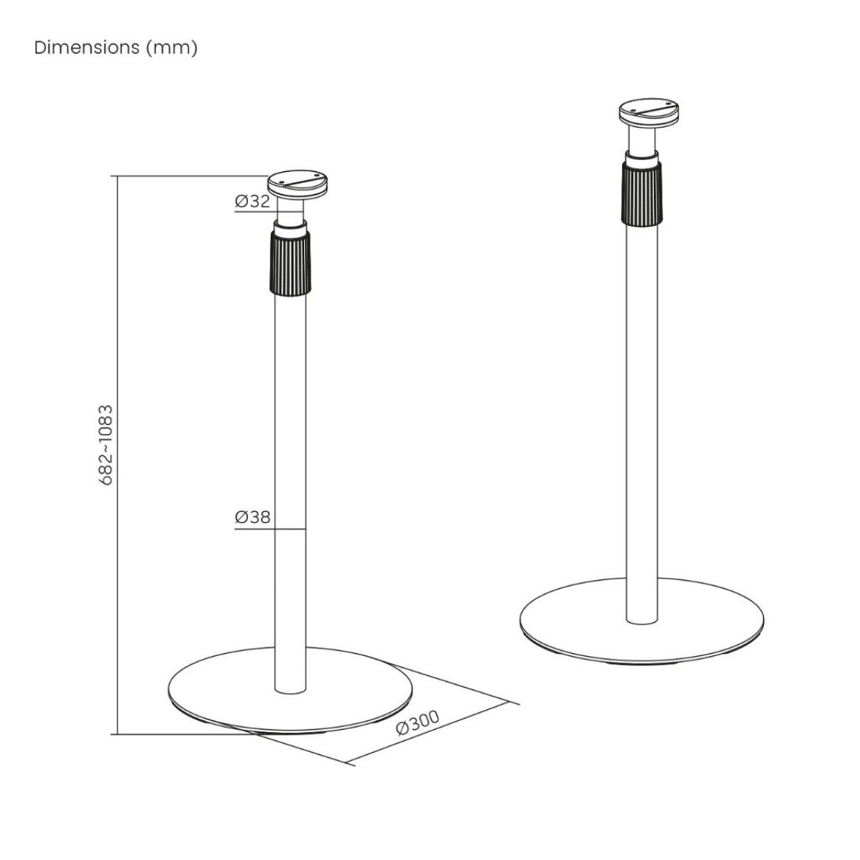 Zwei Lautsprecherständer, mit Maßen: Höhe 682-1083mm, Ø32, Ø38, Ø300mm.