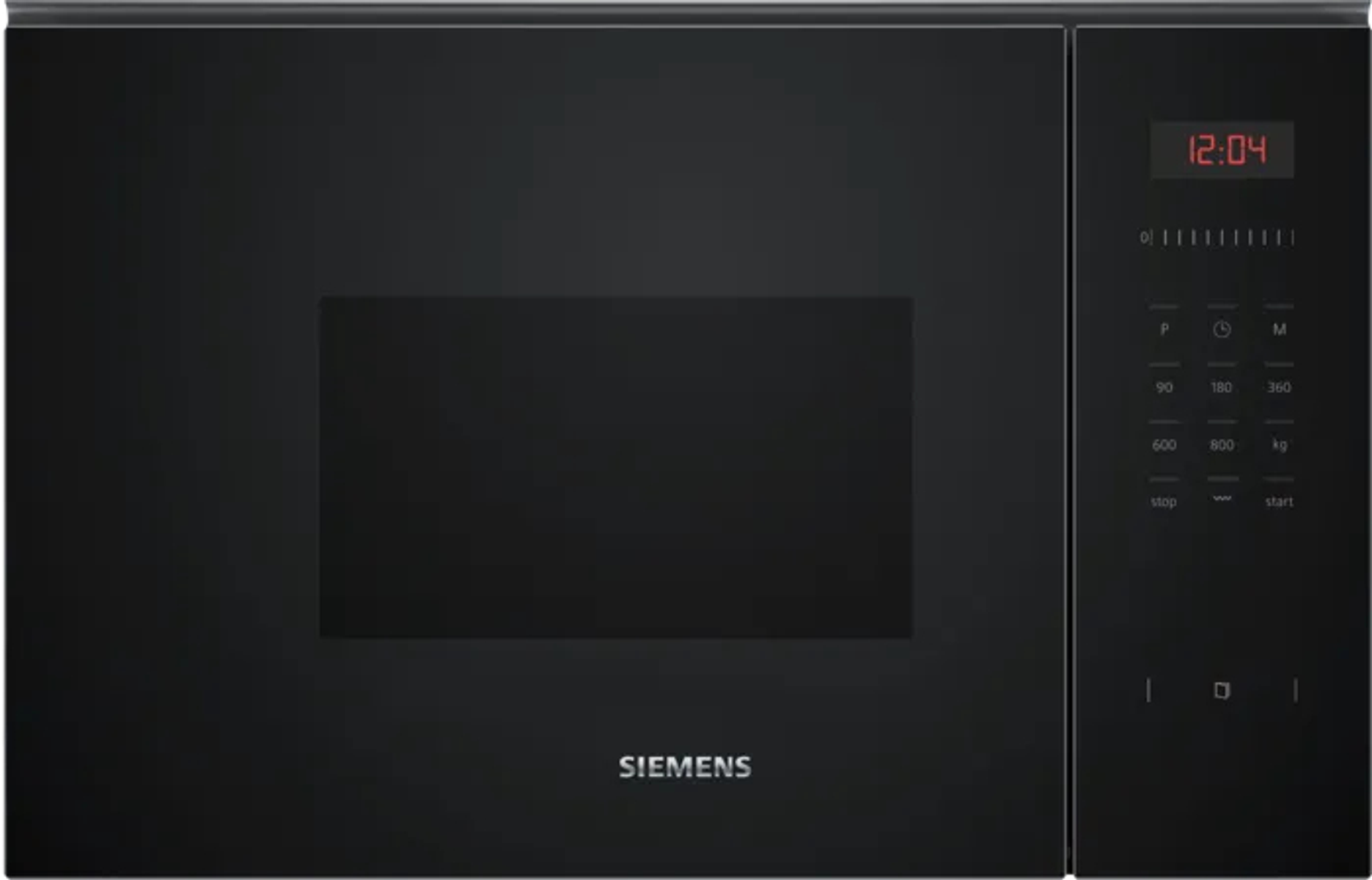Zwarte Siemens magnetron met digitale klok en bedieningspaneel.