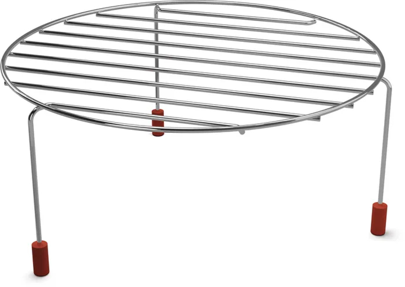 Een ronde, zilverkleurige metalen koelrek met drie poten en rode voetjes.