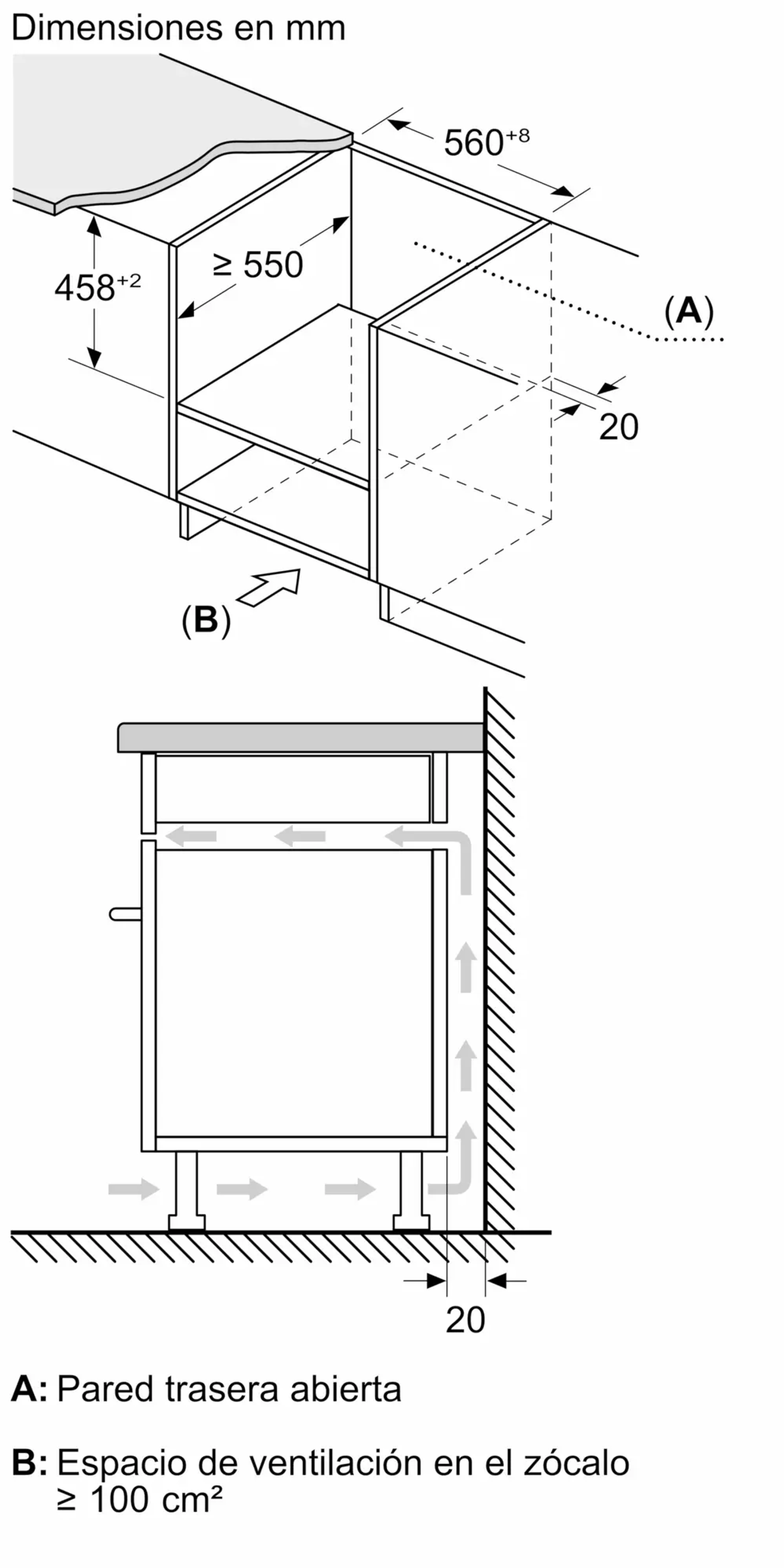 Dibujo técnico muestra dimensiones de instalación y flechas de ventilación.