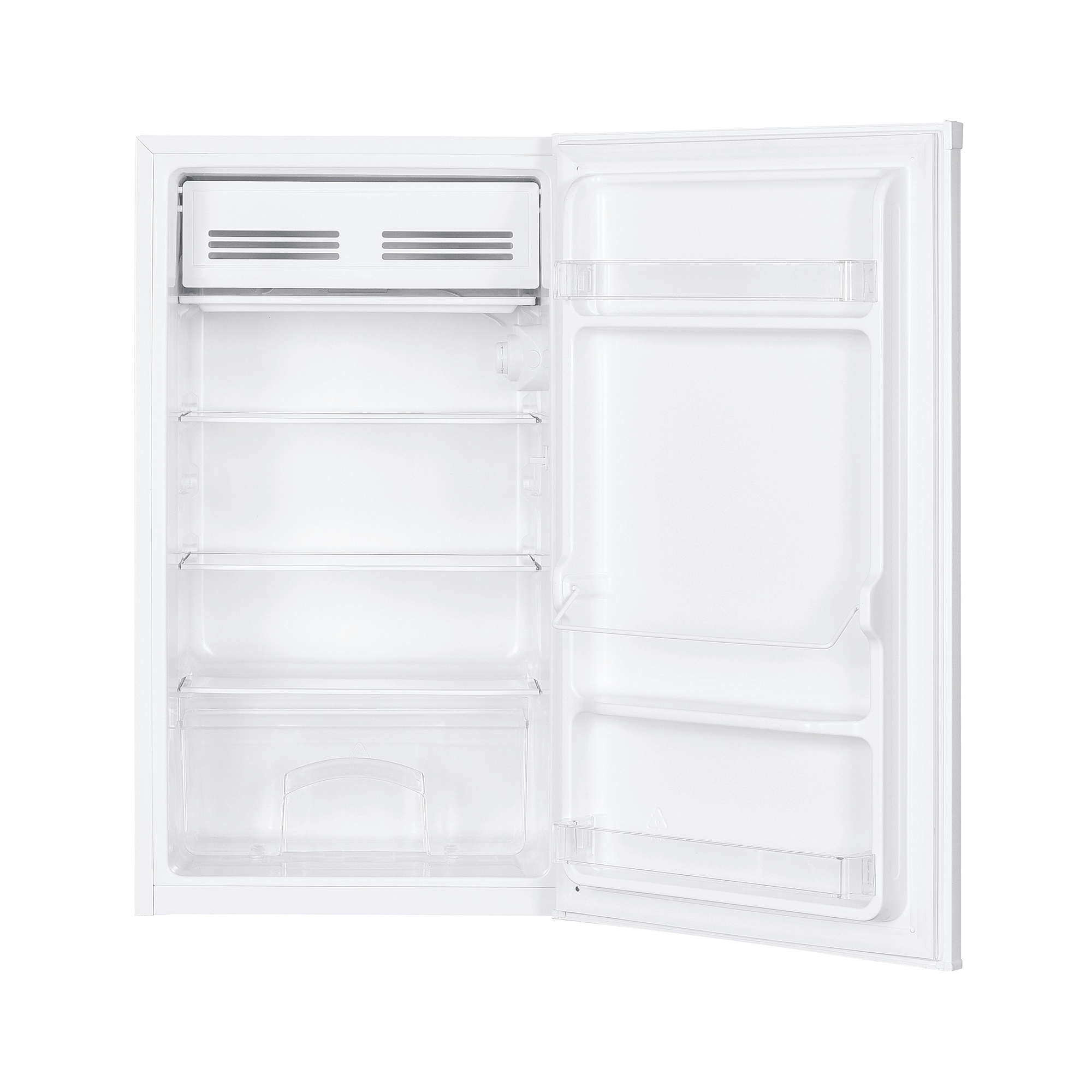 Ein leerer, offener weißer Kühlschrank mit Glasablagen und einer durchsichtigen Schublade.
