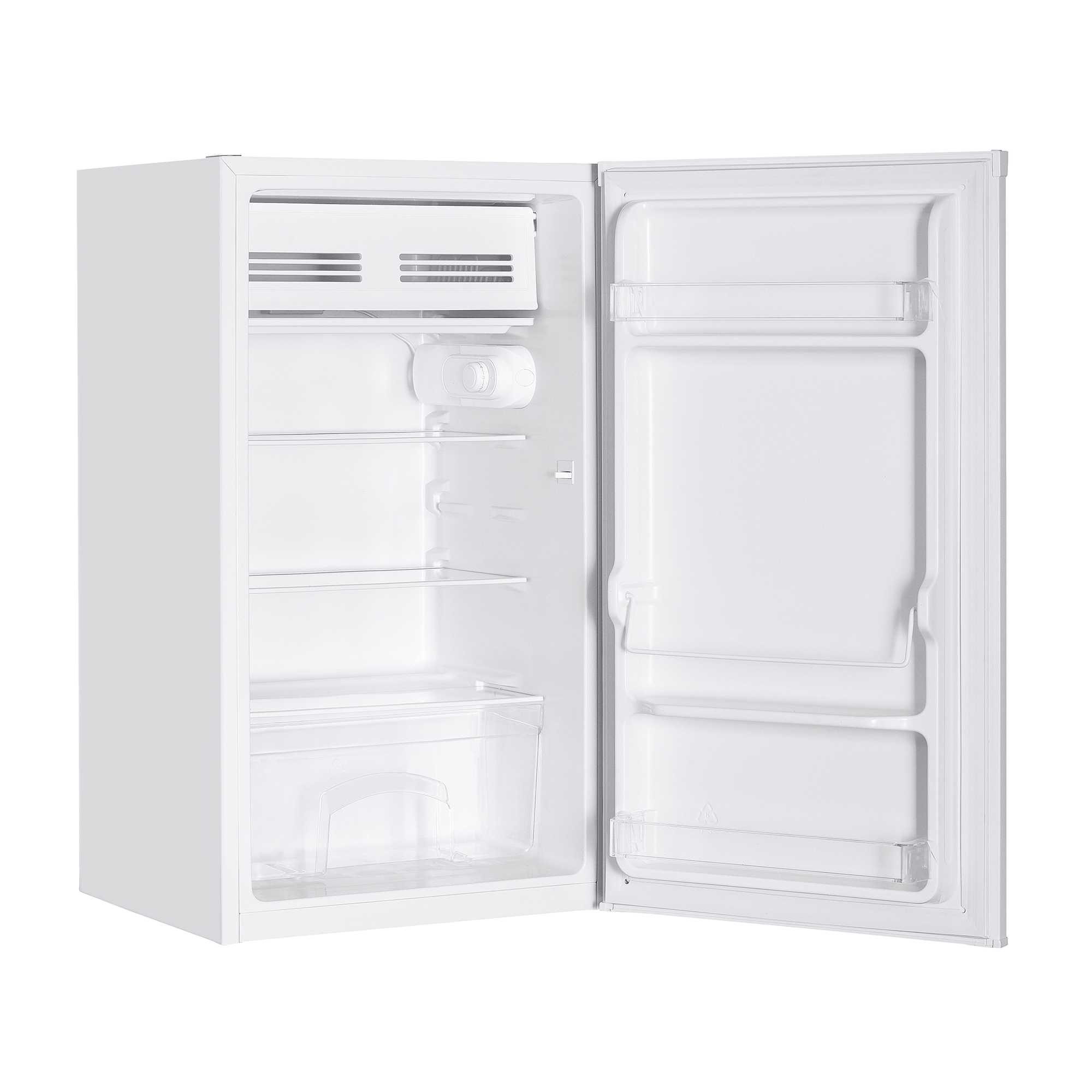 Ein weißer Kühlschrank mit offener Tür zeigt Regale und Schubladen.