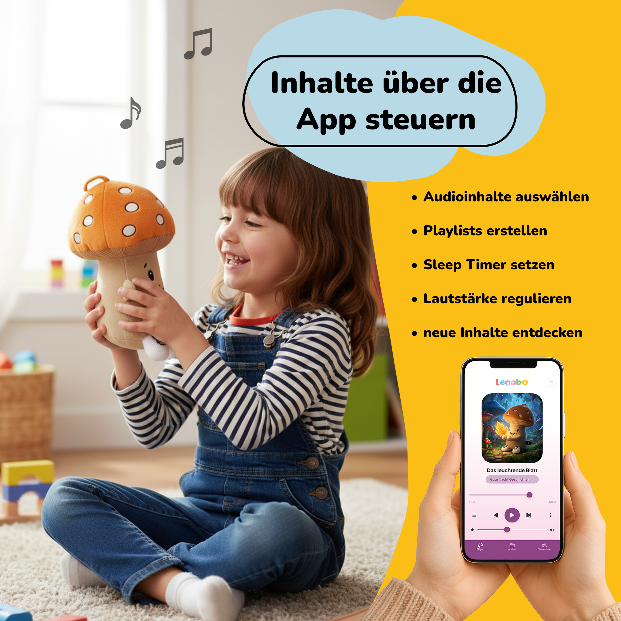 Ein Kind hält eine Pilz-Plüschfigur. Musiknoten schweben.