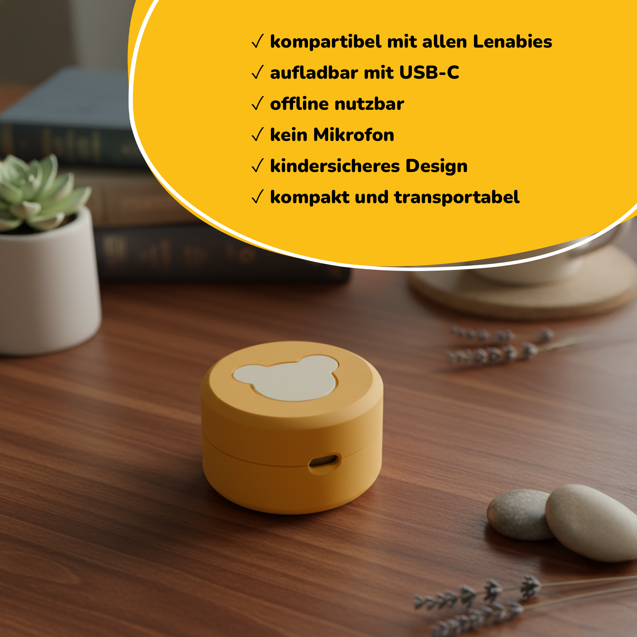 Gelbes Gerät mit Bärenmotiv, kompatibel, aufladbar, offline, kinder- & transportabel.