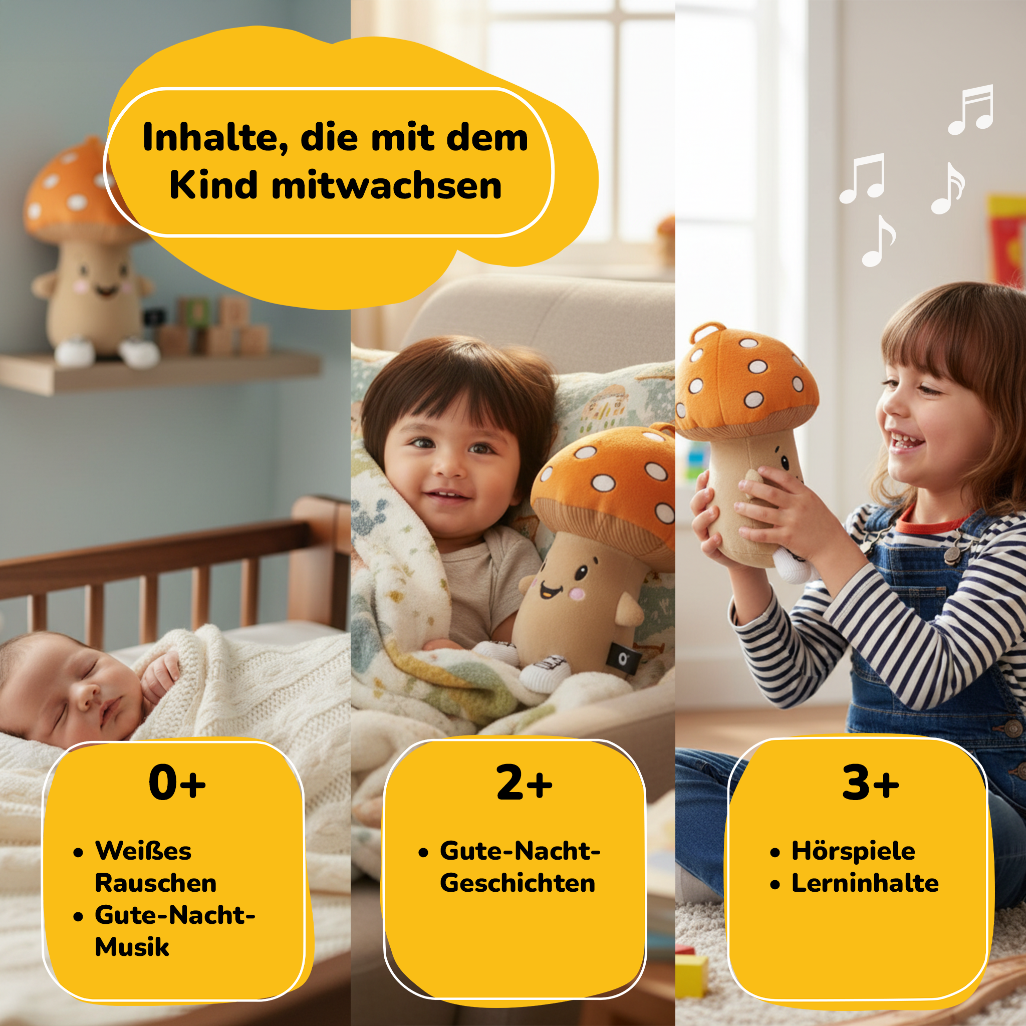 Collage zeigt Kinder in verschiedenen Altersstufen mit Plüschpilzen.